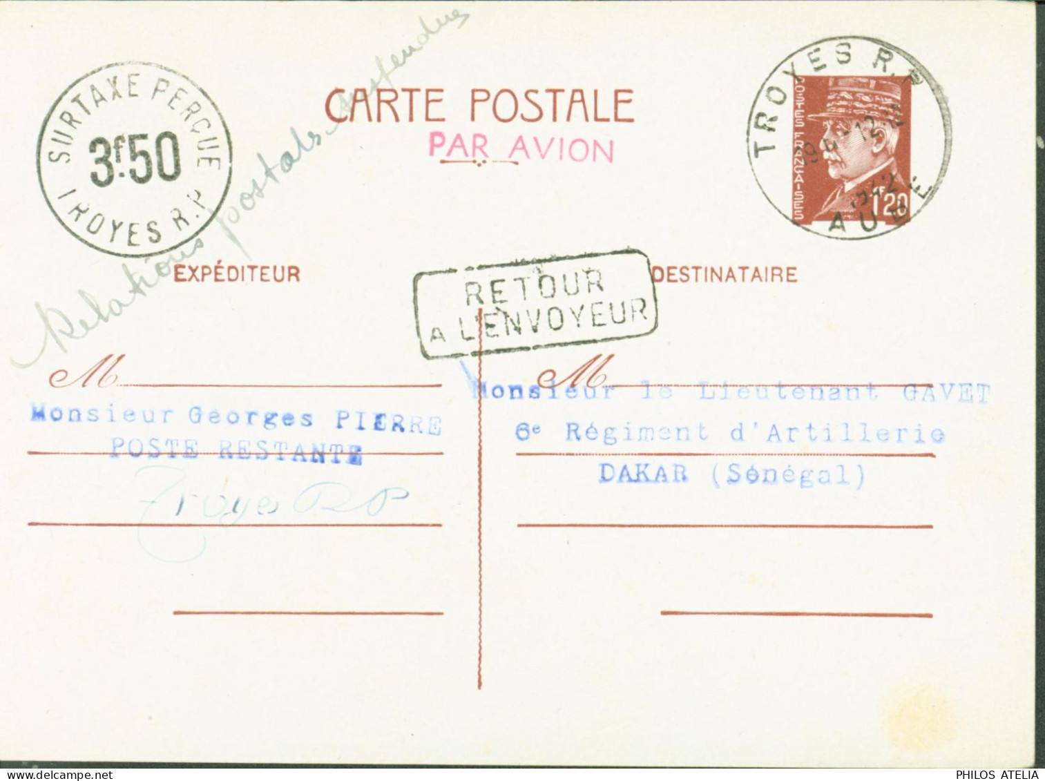 Guerre 40 Manuscrit Relations Postales Suspendues Débarquement Alliés Troyes Entier Pétain Pr Sénégal + Taxe Aérienne - WW II