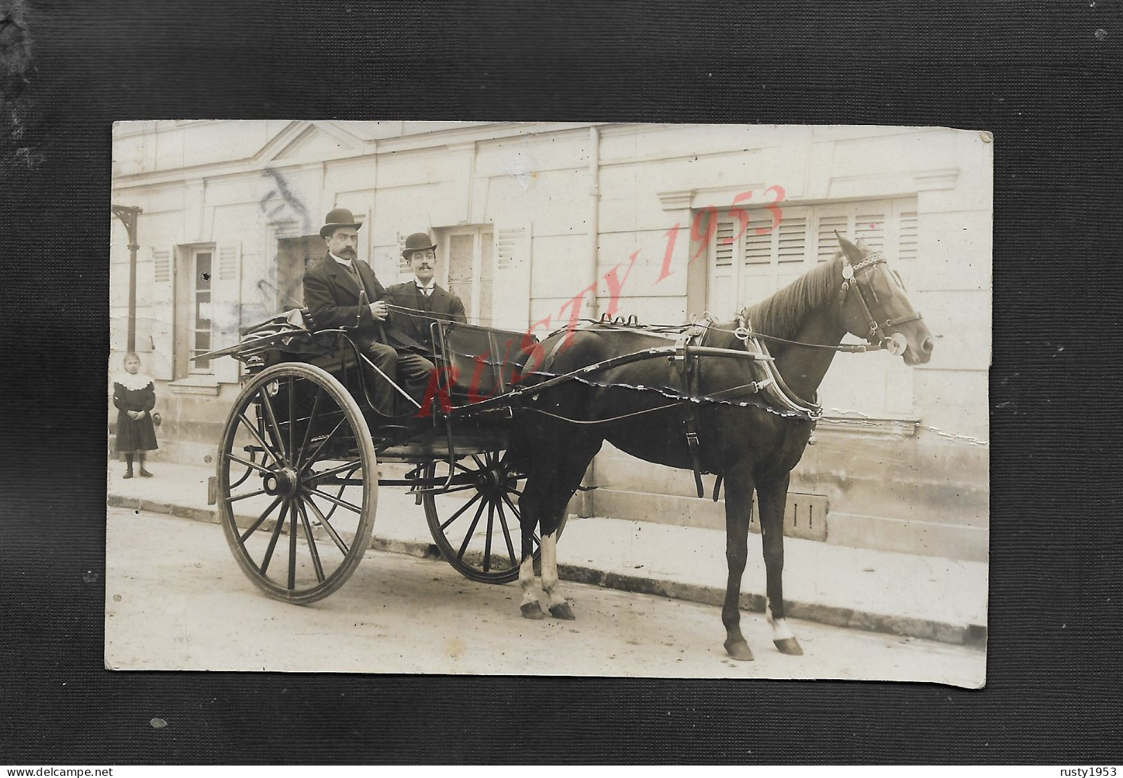 CARTE PHOTO PERSONNAGES CARROSSE A CHEVAL ECITE DE ERAGNY VAL D OISE 1908 CACHET GOURNAY A LIANCOURT PLIE : - Verkopers