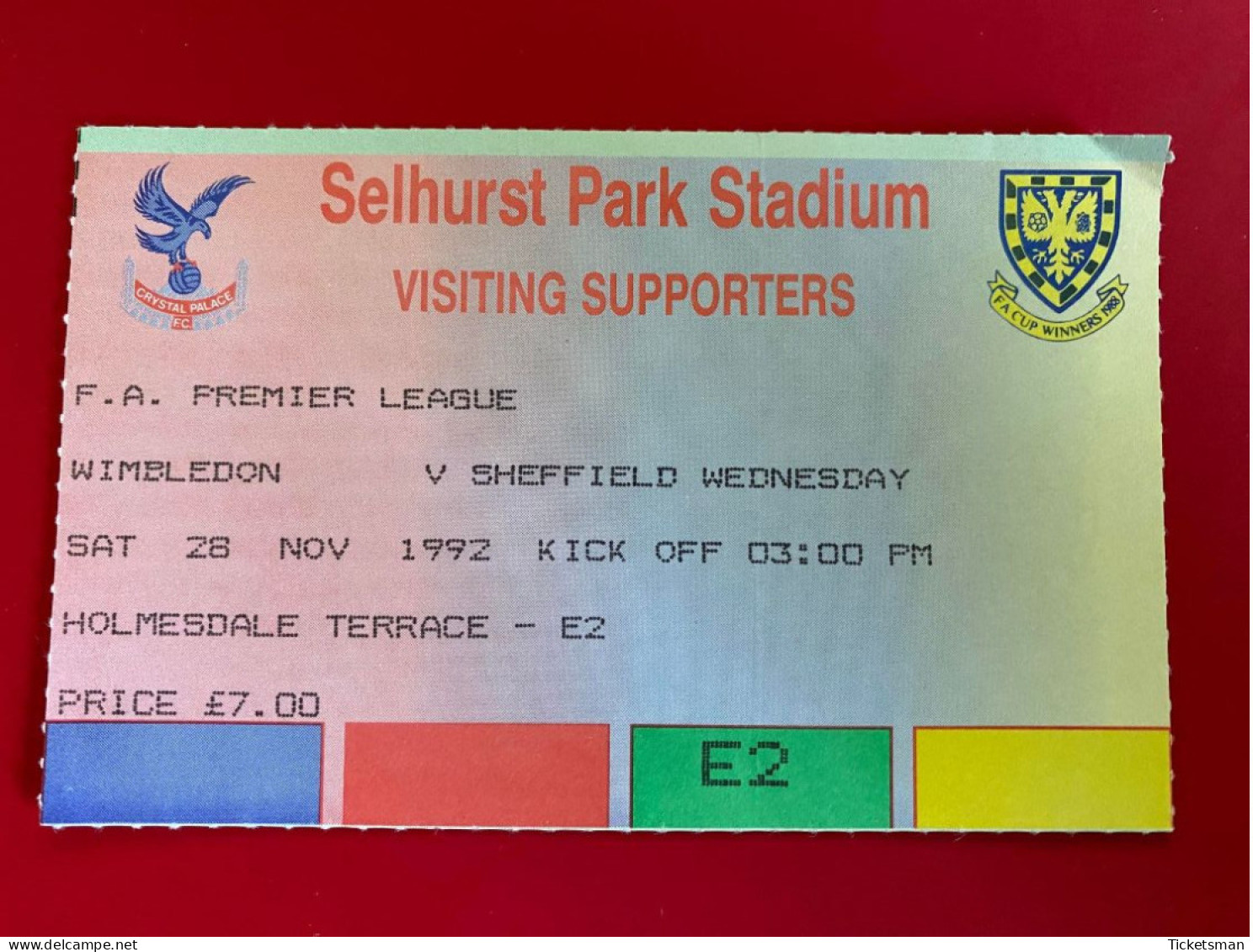 Football Ticket Billet Jegy Biglietto Eintrittskarte FC Wimbledon - Sheffield Wednesday 28/11/1992 - Tickets - Entradas