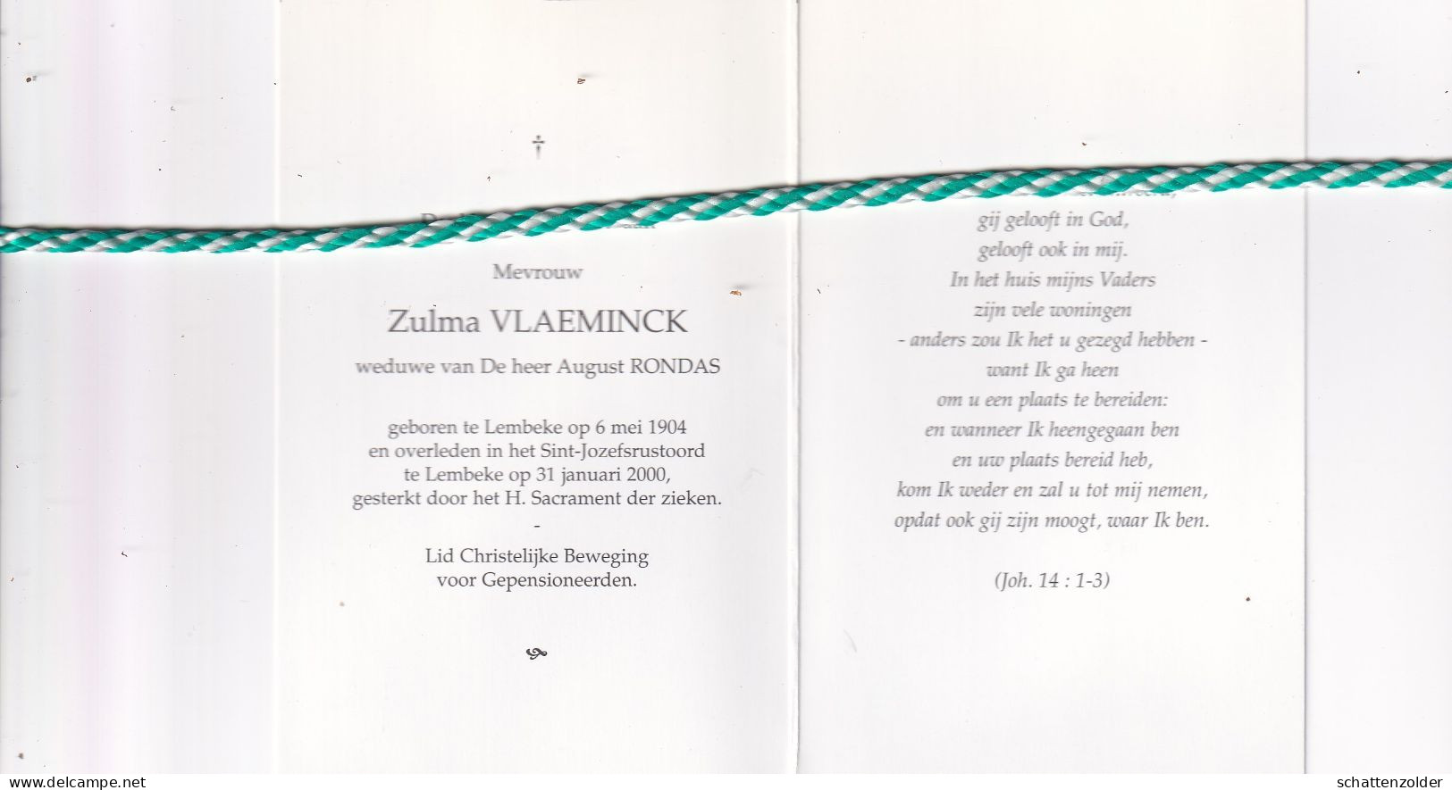 Zulma Vlaeminck-Rondas, Lembeke 1904, 2000. Foto - Overlijden
