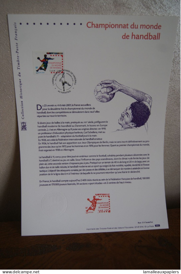 Championnat Du Monde : Collection Historique Du Timbre Poste Français (2001) 1e JOUR - Handbal