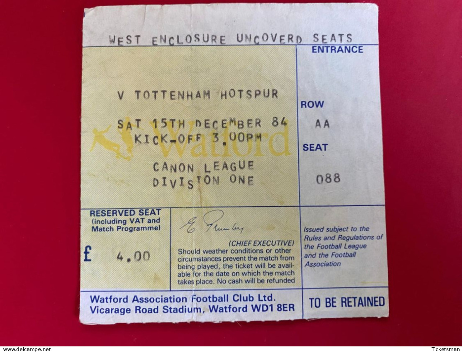Football Ticket Billet Jegy Biglietto Eintrittskarte Watford AFC - Tottenham Hotspur 15/12/1984 - Tickets D'entrée