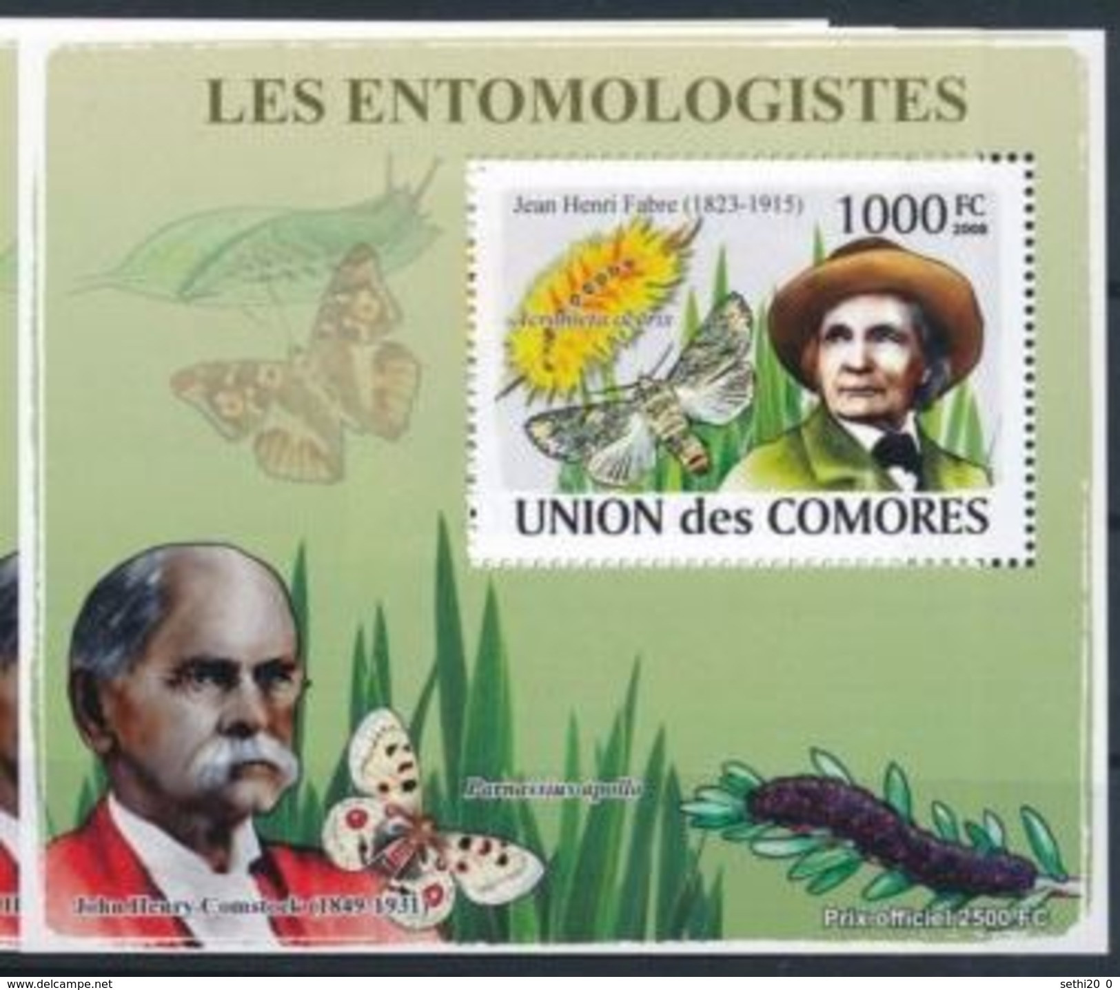 Comores Jean Henri FABRE John Henry COMSTOCK   On Margin Entomologists Butterfly Papillon  BF Luxe - Farfalle