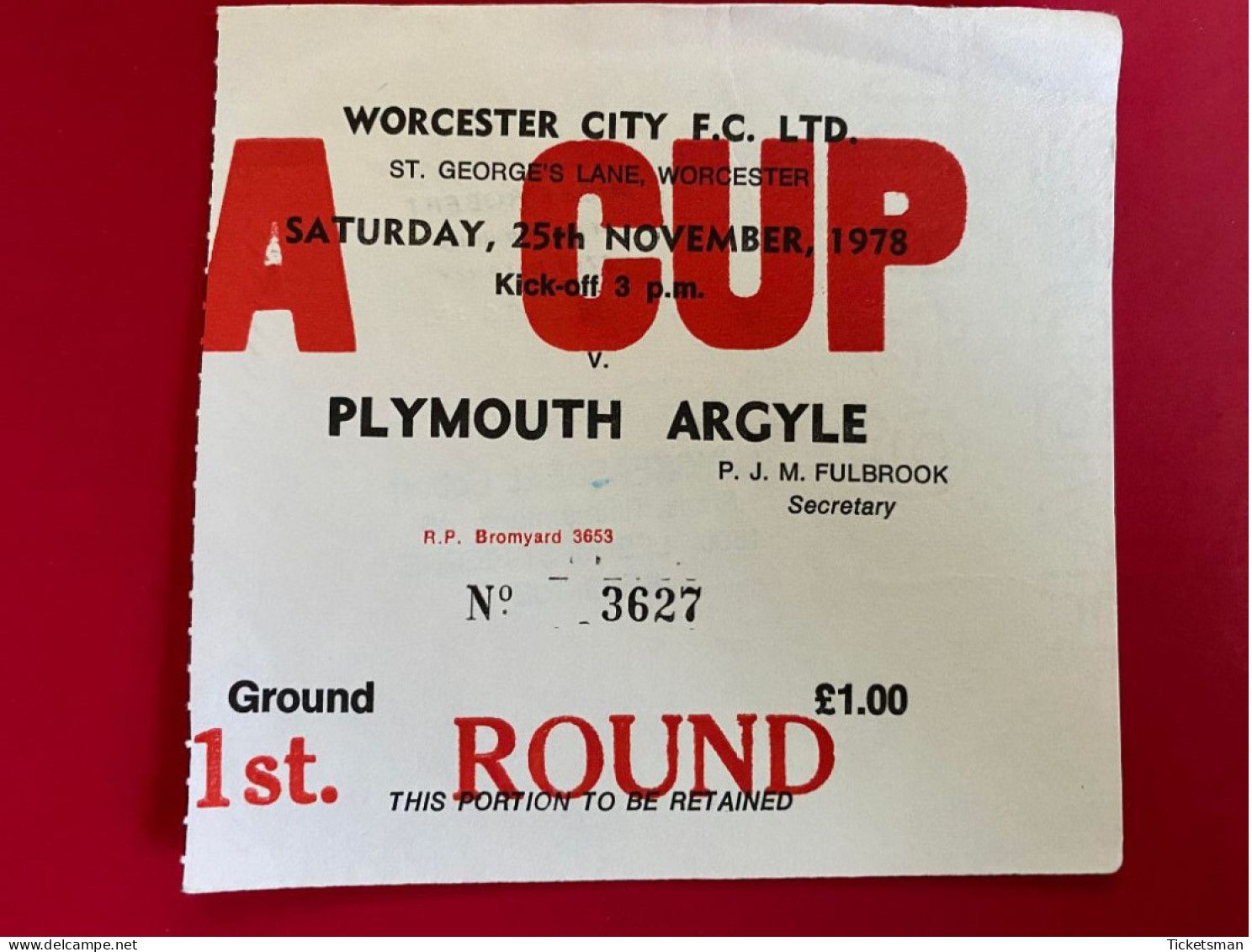 Football Ticket Billet Jegy Biglietto Eintrittskarte Worcester City - Plymouth Argyle 25/11/1978 - Eintrittskarten