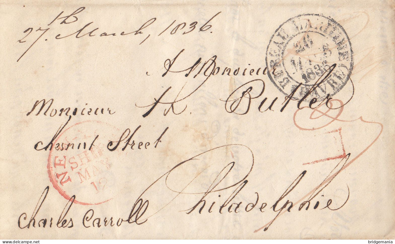 MTM118 - 1836 TRANSATLANTIC LETTER FRANCE TO USA Steamer CARROLL - DOUBLE RATE - Postal History