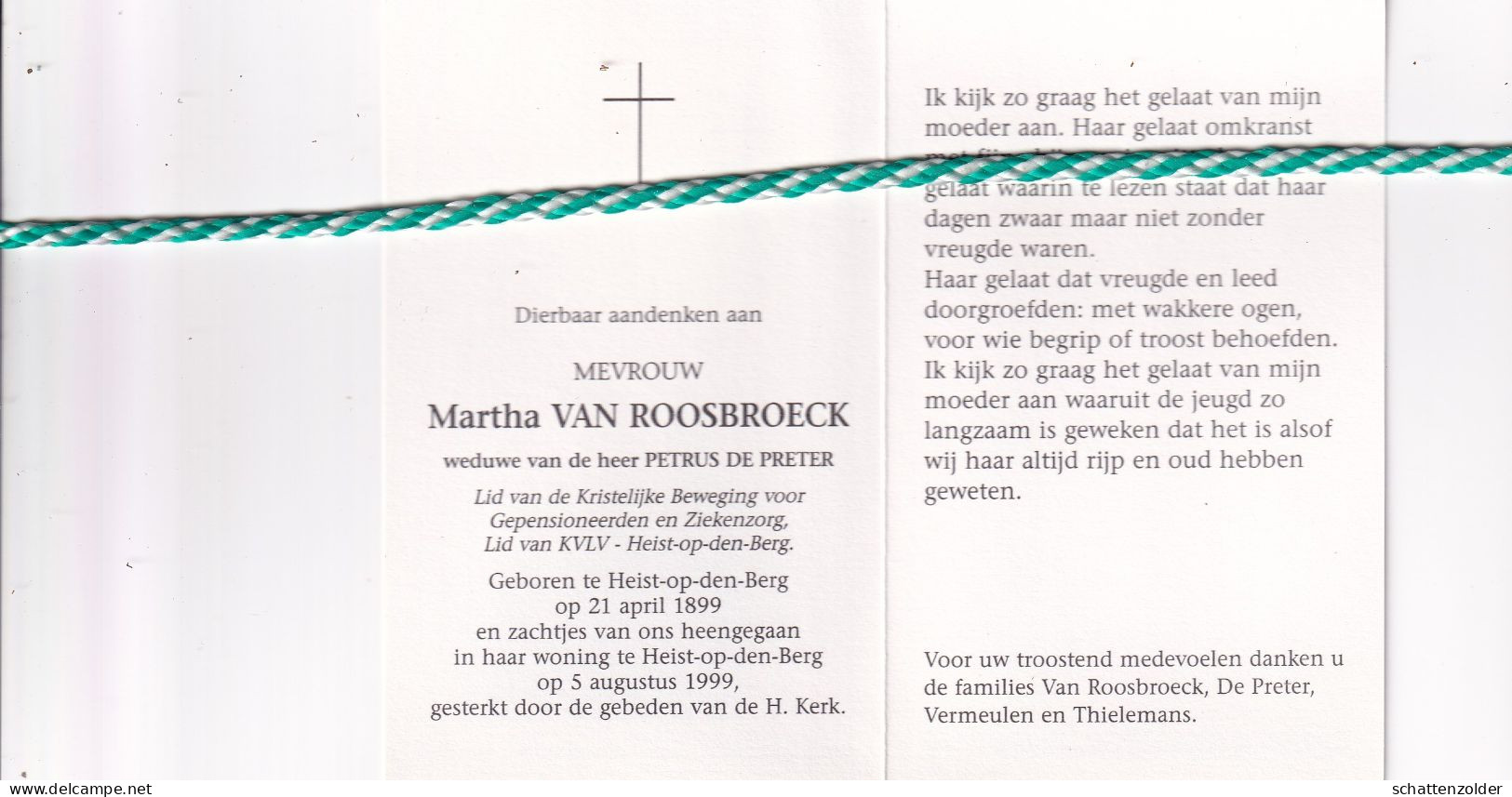 Martha Van Roosbroeck-De Preter, Heist-op-den-Berg 1899, 1999. Honderdjarige. Foto - Obituary Notices