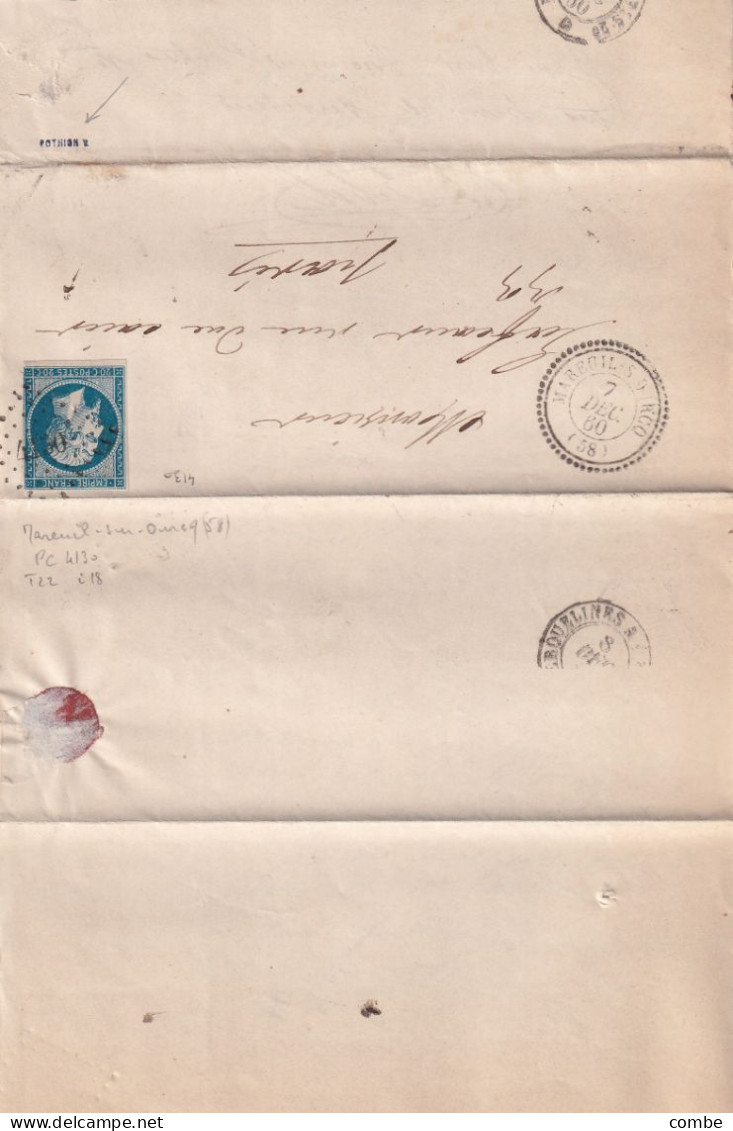 LETTRE. SIGNEE POTHION. 7 DEC 60. N° 14. PERLÉ T22. MAREUIL-S-OURCQ. OISE. PC 4130. POUR PARIS - 1849-1876: Klassik