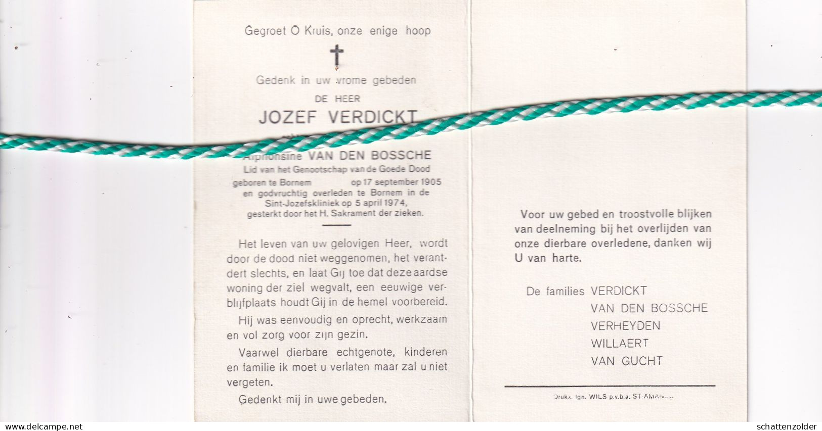 Jozef Verdickt-Van Den Bossche, Bornem 1905, 1974 - Décès