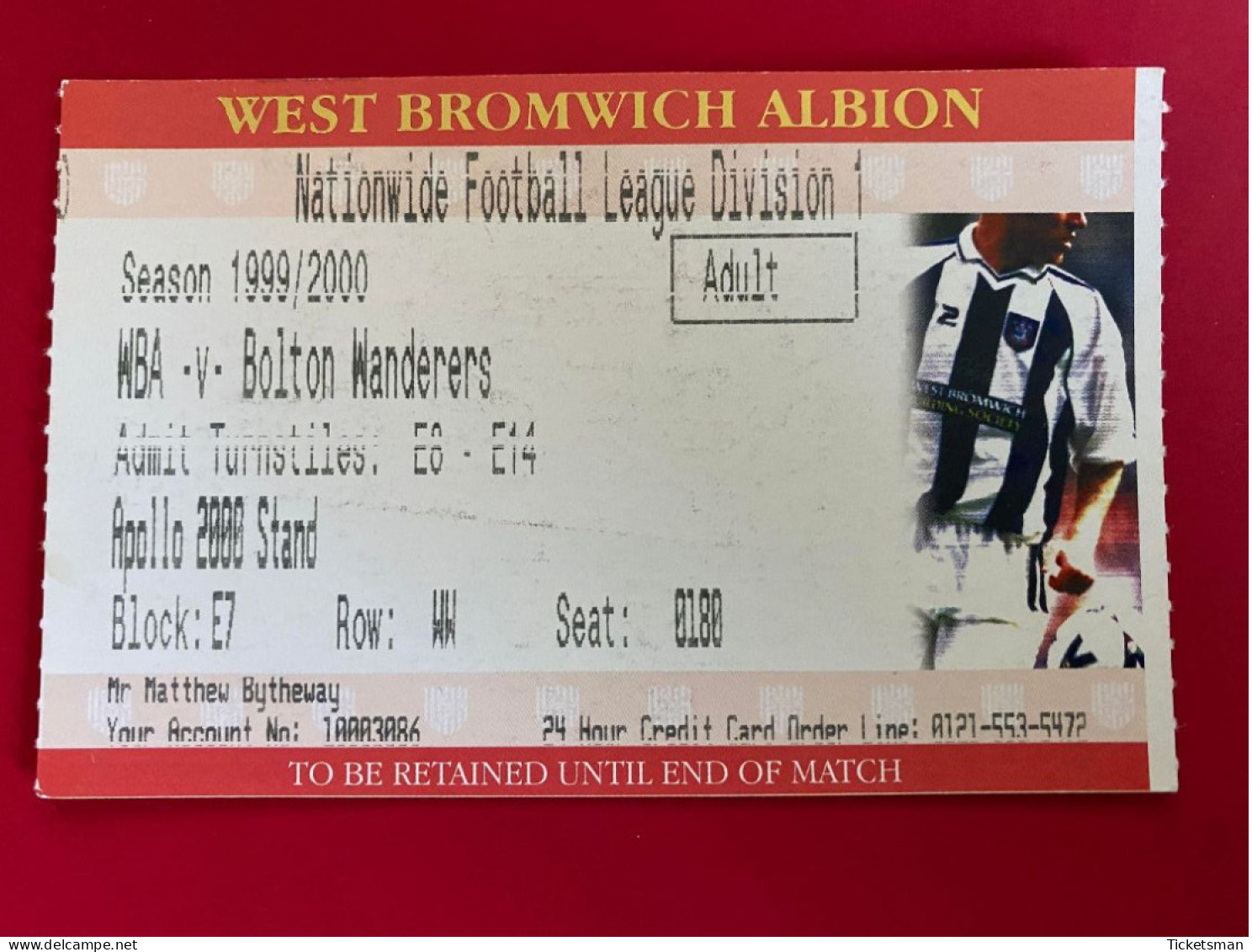 Football Ticket Billet Jegy Biglietto Eintrittskarte W.B.A. - Bolton Wanderers 1999/2000 - Eintrittskarten