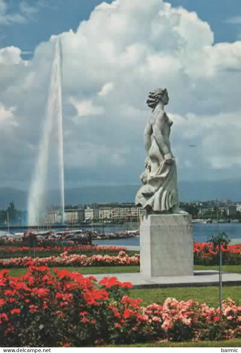 GENEVE, STATUE DE LA BRISE ET DU JET D EAU COULEUR  REF 15888 - Genève