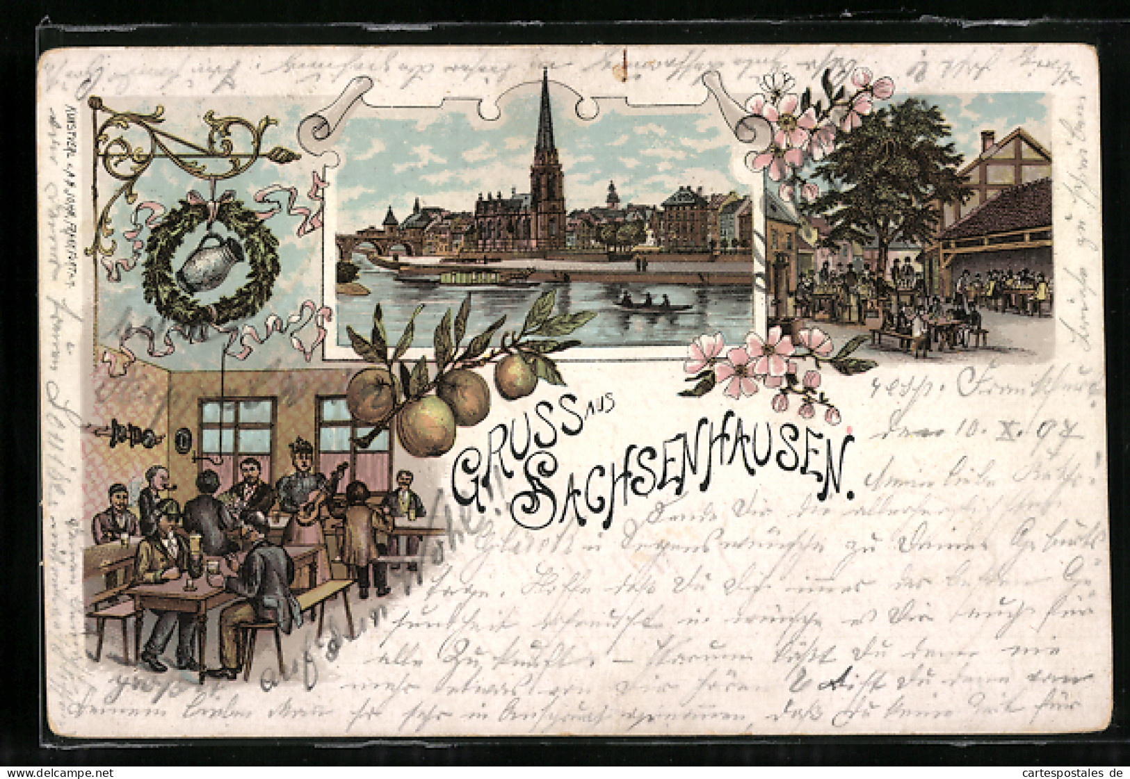 Lithographie Sachsenhausen, Inneres Gasthaus, Garten, Uferpartie Mit Kirche  - Frankfurt A. Main