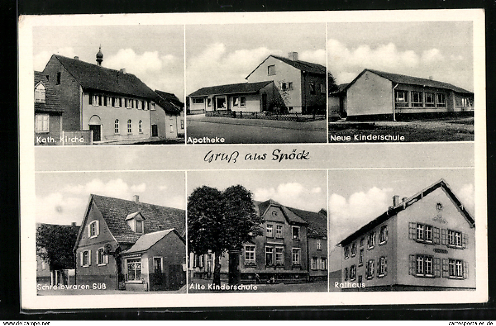 AK Spöck / Stutensee, Kath. Kirche, Apotheke, Kinderschule & Schreibwaren-Geschäft  - Other & Unclassified