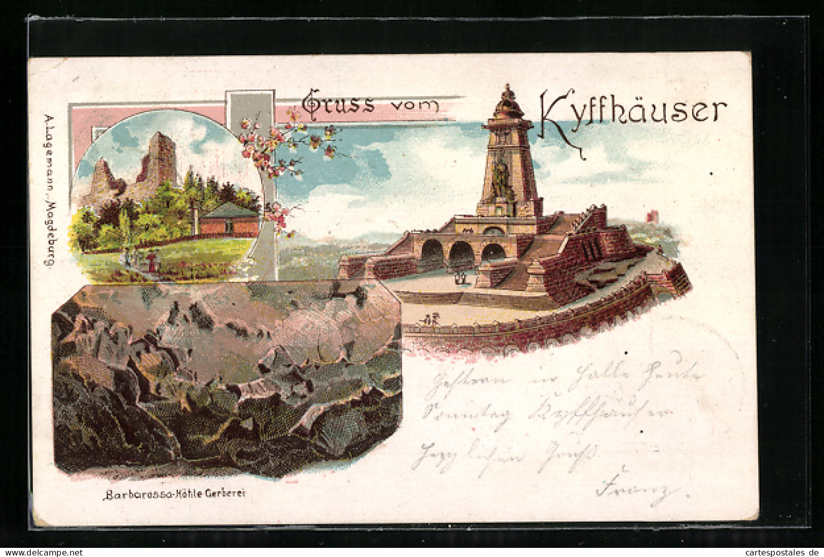 Lithographie Kyffhäuser, Kaiser Wilhelm-Denkmal, Barbarossa Höhle - Gerberei, Ruine  - Kyffhaeuser