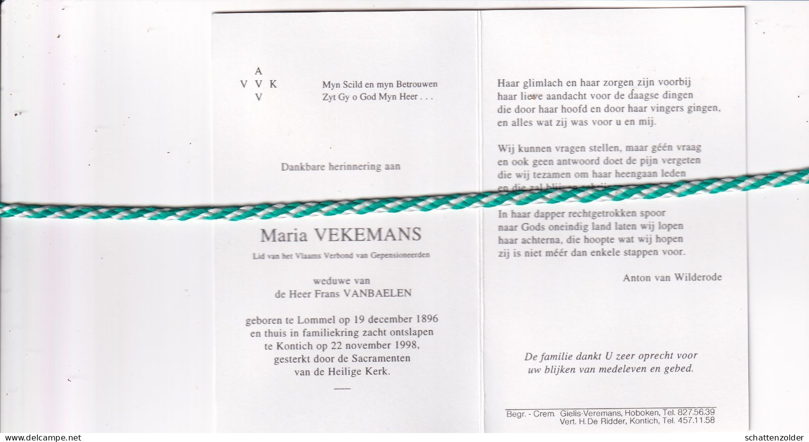 Maria Vekemans-Vanbaelen, Lommel 1896, Kontich 1998. Honderdjarige. AVV VVK. Foto - Décès