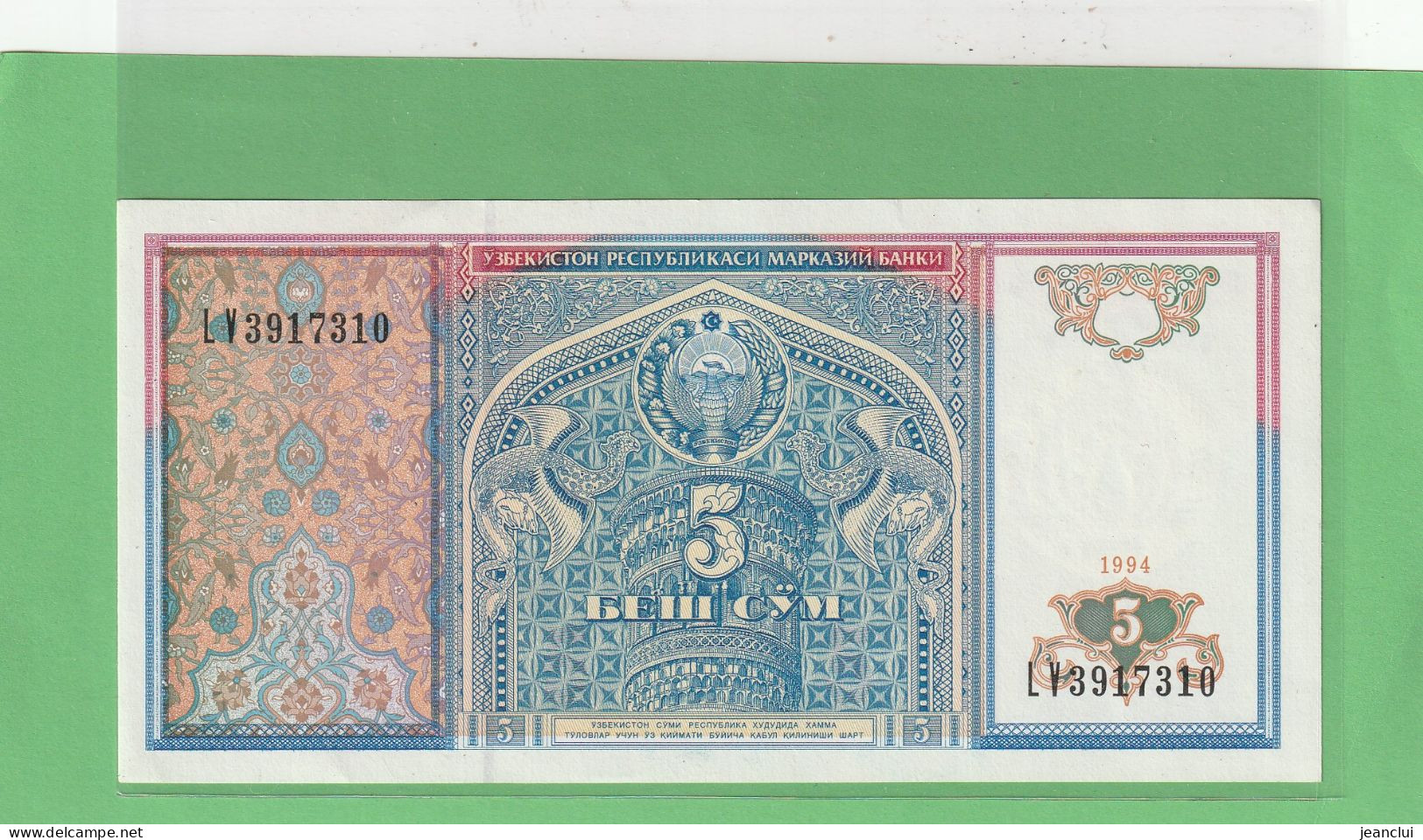 OUZBEKISTAN  .  5 CYM  .  1994   . N° LV 3917310  .  2 SCANNES  .  BILLET ETAT LUXE - Uzbekistán