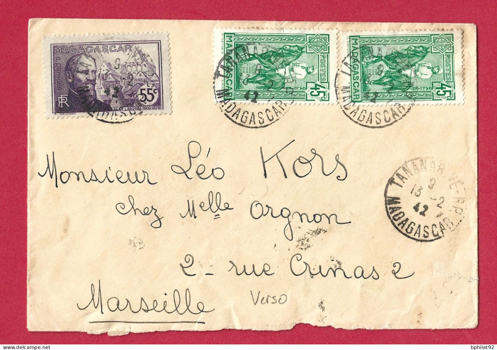 !!! MADAGASCAR, LETTRE DE TANANARIVE POUR MARSEILLE DE FÉVRIER 1942, BEL AFFRANCHISSEMENT - Cartas & Documentos