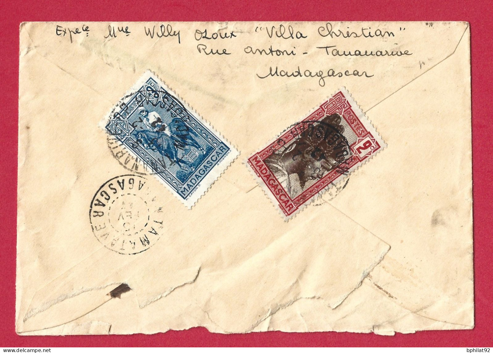 !!! MADAGASCAR, LETTRE DE TANANARIVE POUR MARSEILLE DE FÉVRIER 1942, BEL AFFRANCHISSEMENT - Storia Postale