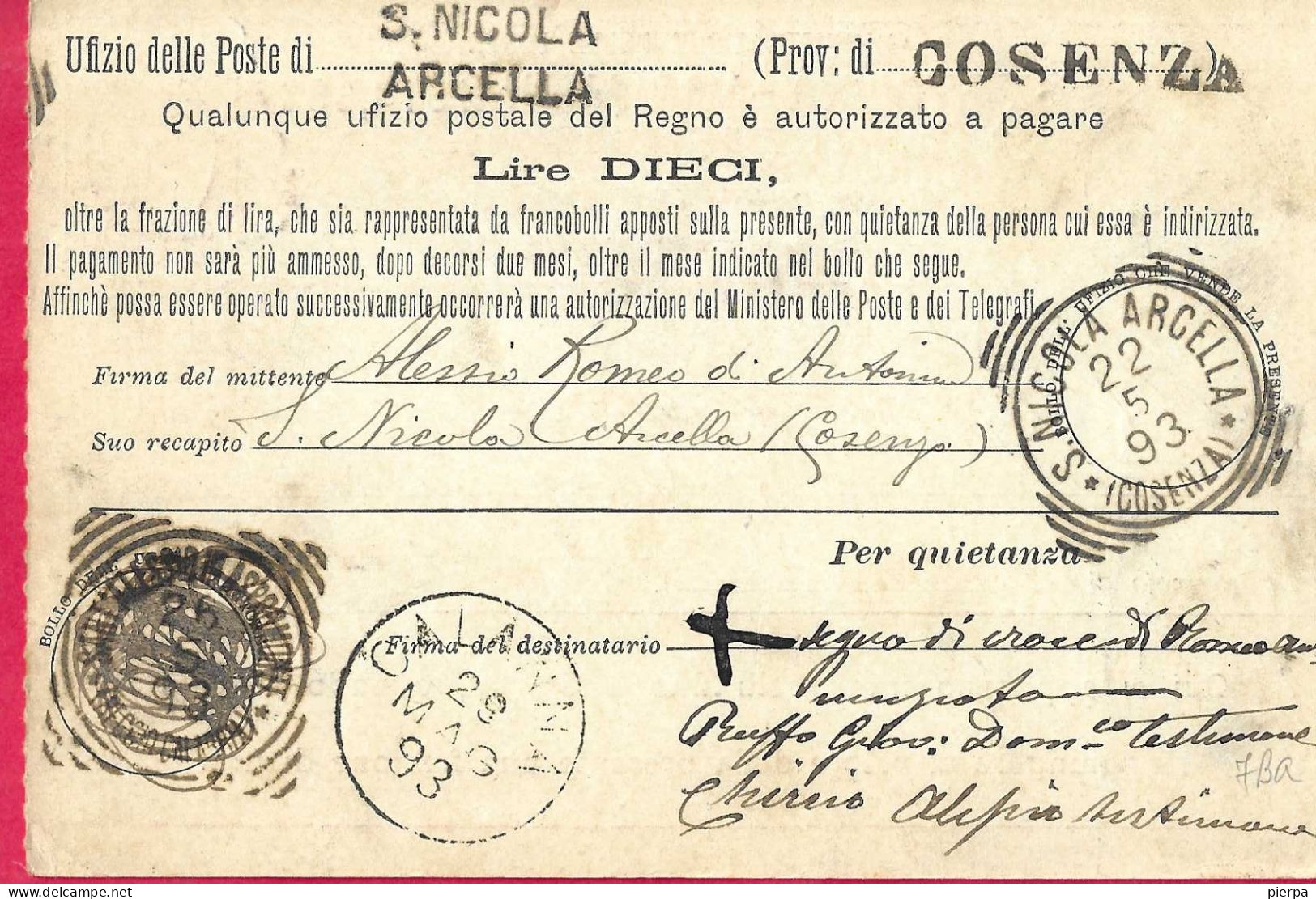 ANNULLO TONDO RIQUADRATO "S. NICOLA ARCELLA*23.5.93*/(COSENZA)"(P.8) SU INTERO CARTOLINA VAGLIA C.15/8 (INT. 7Ba) - Storia Postale
