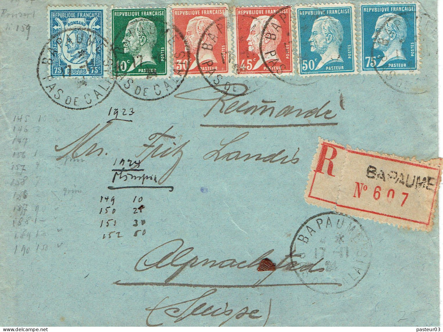 Tarifs Postaux Etranger Du 01-04-1924 (37) Pasteur N° 176  50 C. + N° 177 75 C. + N° 175 45 C. + N° 173 30 C. +10+ Ronsa - 1922-26 Pasteur