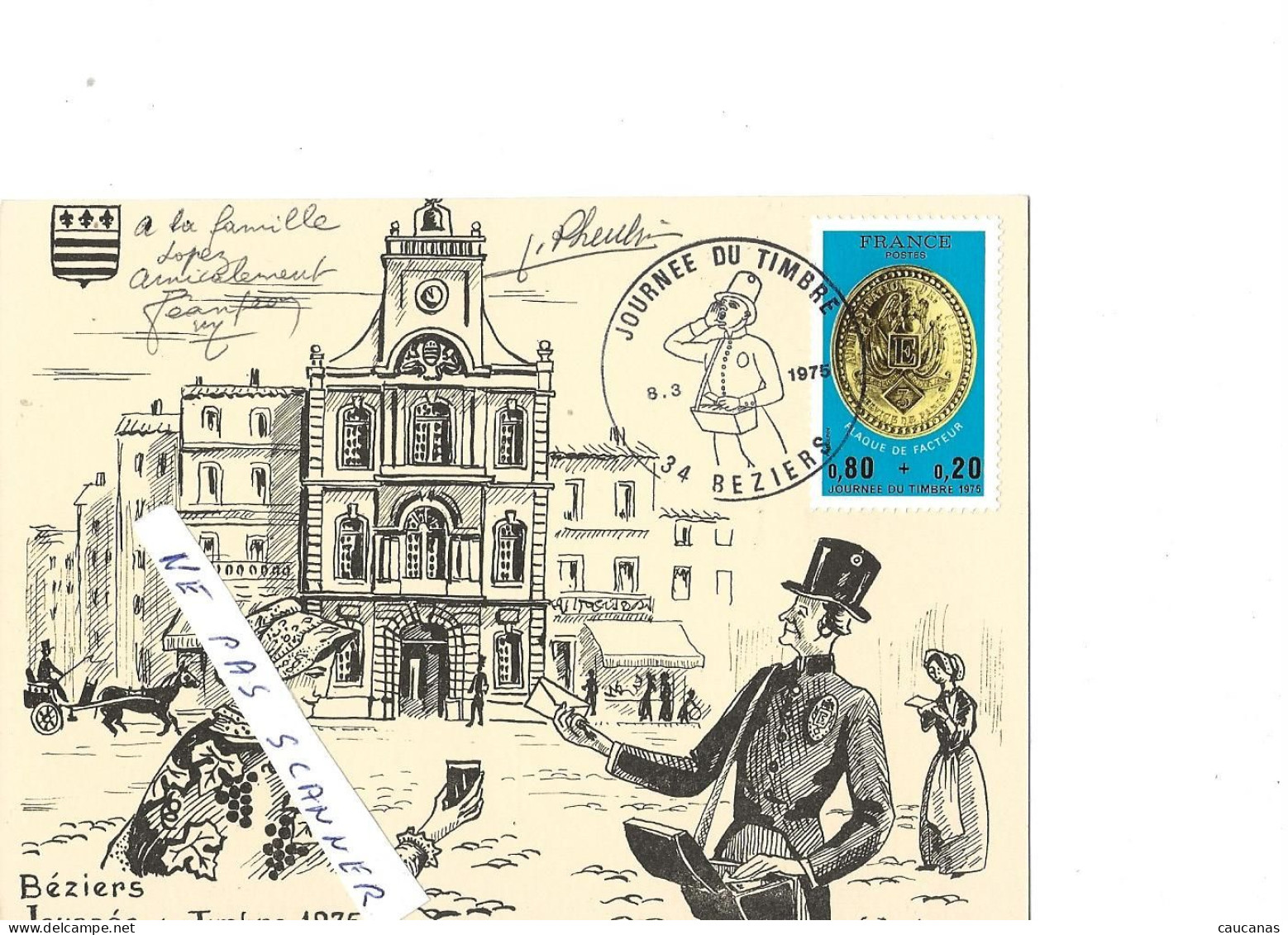 BEZIERS  Journée Du Timbre 1975 Carte Jeanjean Dédicacée Et Signature Du Graveur Pheulpin - 1970-1979