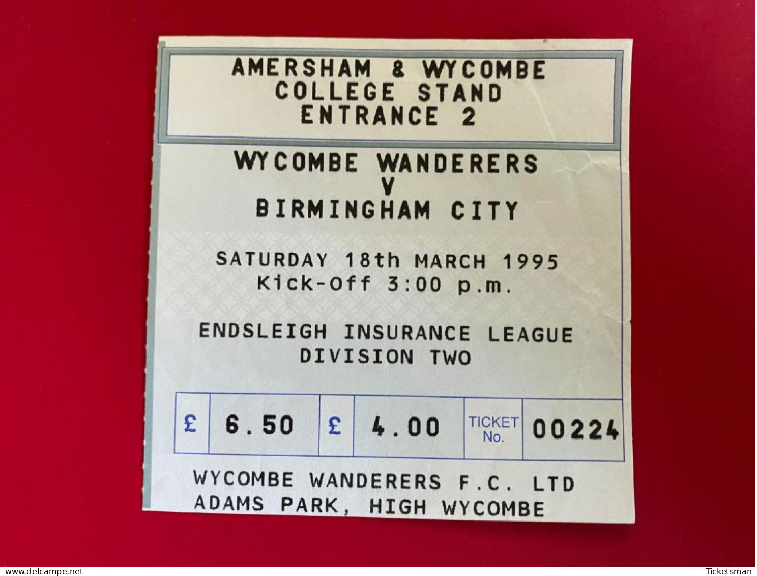 Football Ticket Billet Jegy Biglietto Eintrittskarte Wycombe Wanderers - Birmingham City 18/03/1995 - Toegangskaarten