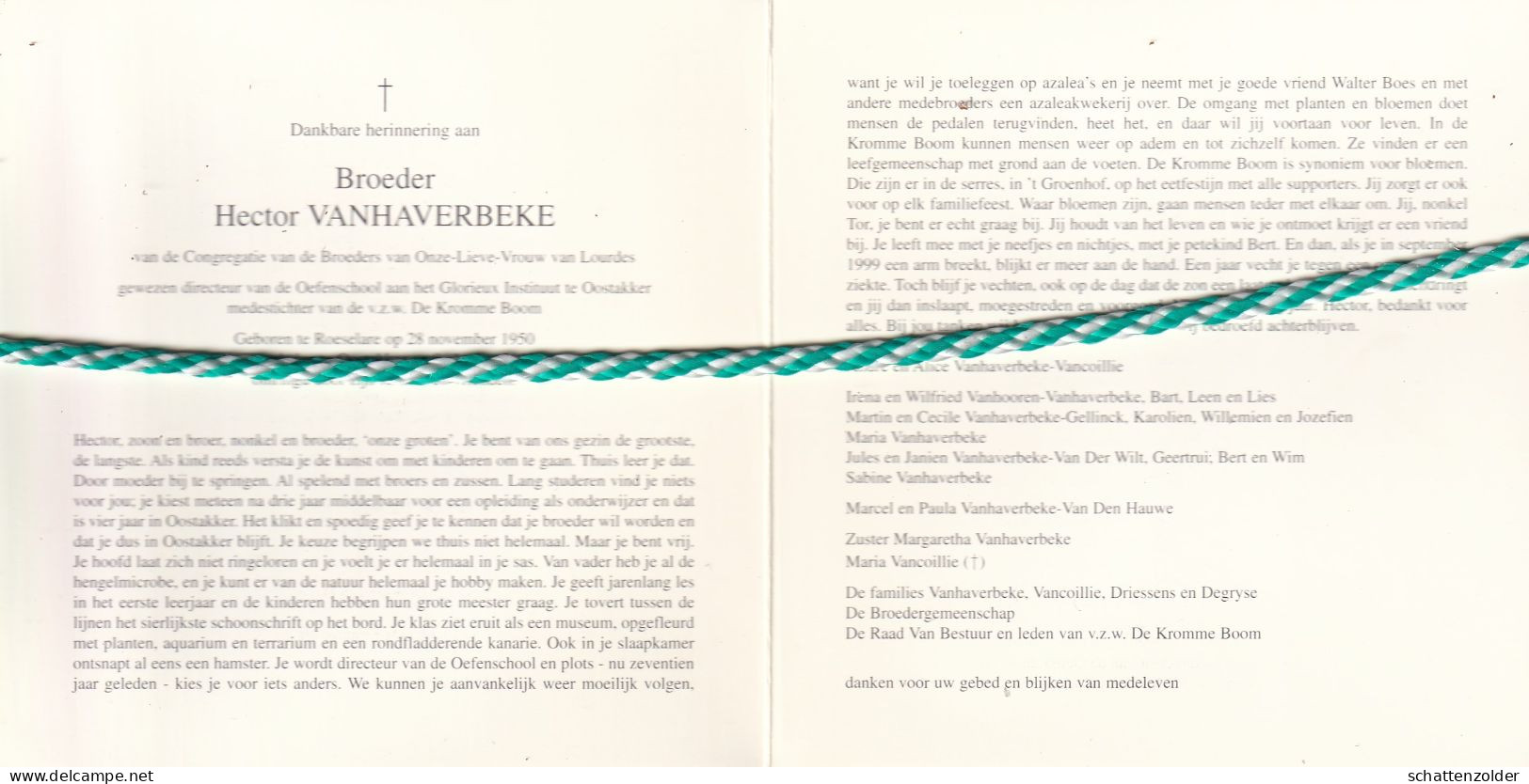 Broeder Hector Vanhaverbeke, Roeselare 1950, Oostakker 2000. Foto - Obituary Notices