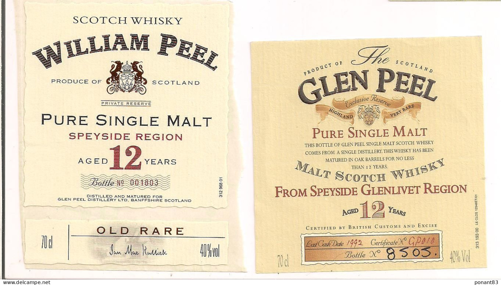 Etiquettes GLEN PEEL Et William PEEL: Pure Single Malt  - 12 Ans   - Scotch Wisky  - - Whisky