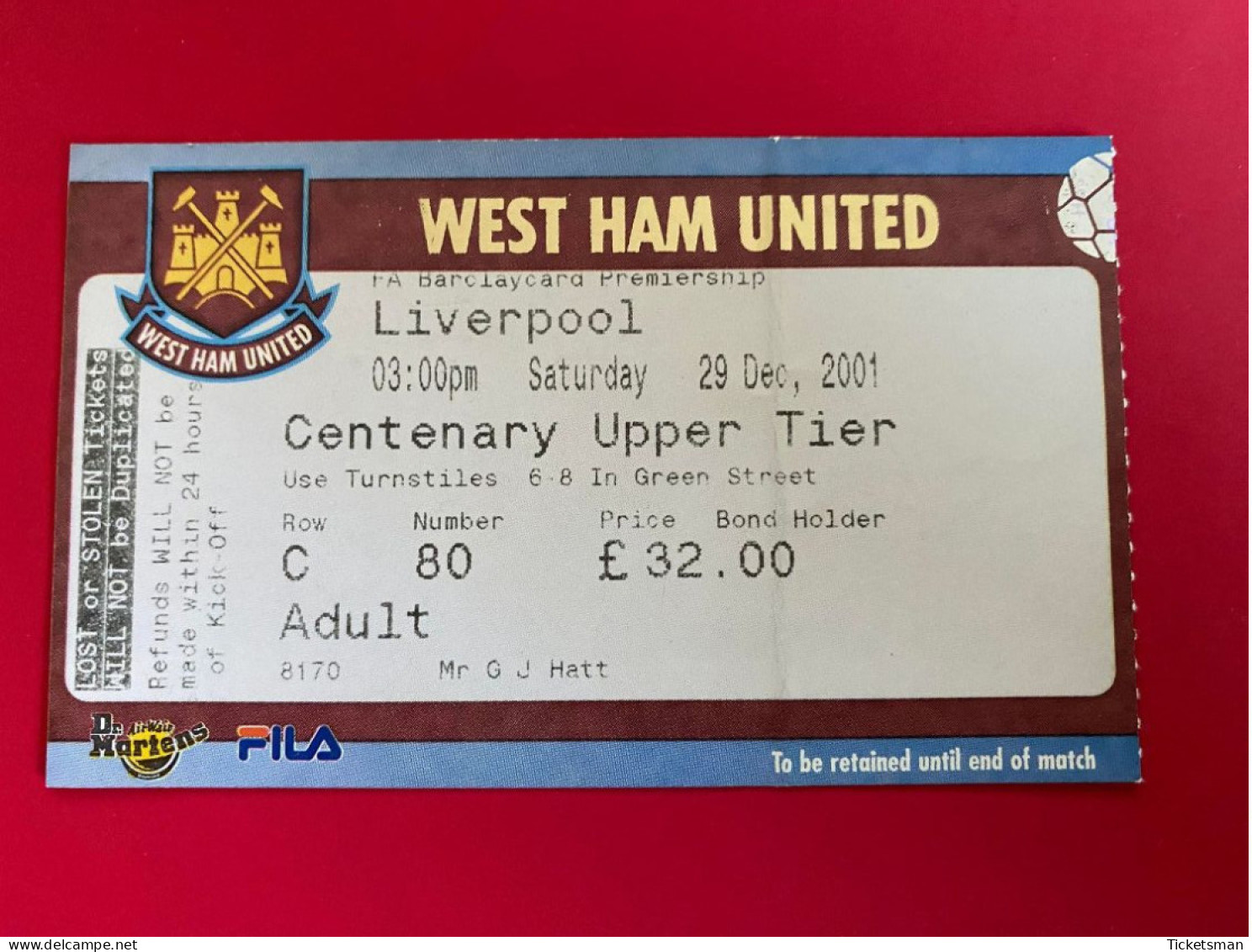 Football Ticket Billet Jegy Biglietto Eintrittskarte West Ham Utd - Liverpool FC 29/12/2001 - Tickets - Entradas