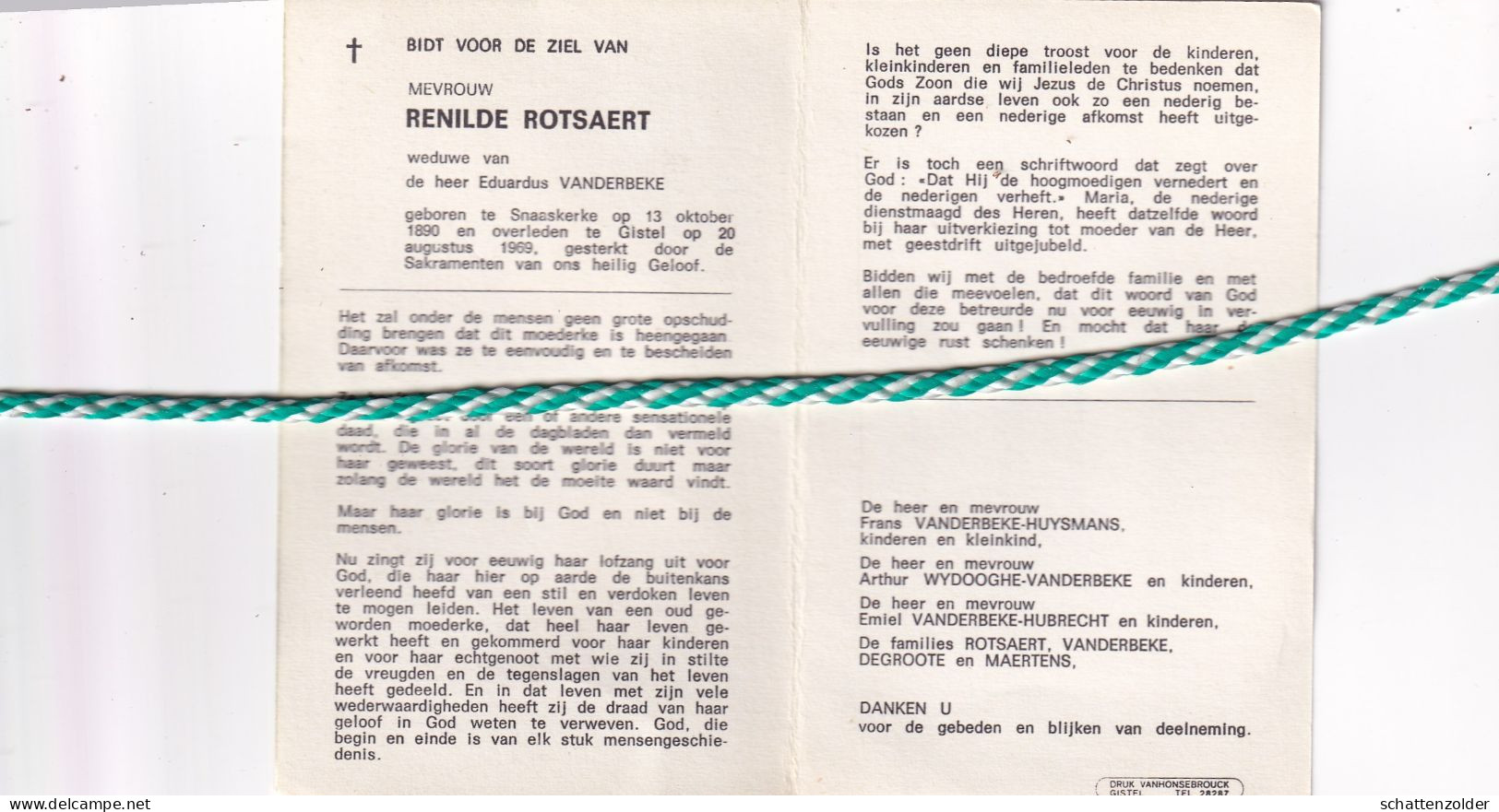 Renilde Rotsaert-Vanderbeke, Snaaskerke 1890, Gistel 1969 - Todesanzeige