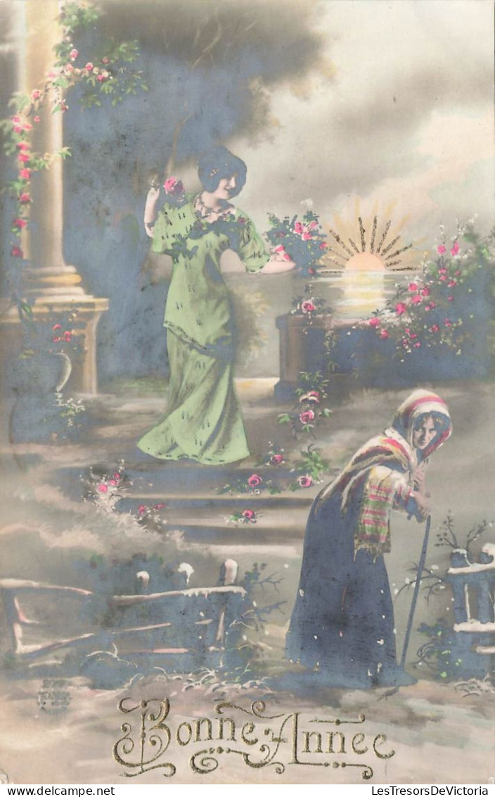 FETES - VOEUX - Bonne Année - Femme - Coucher De Soleil - Fantaisie - Carte Postale Ancienne - Nouvel An