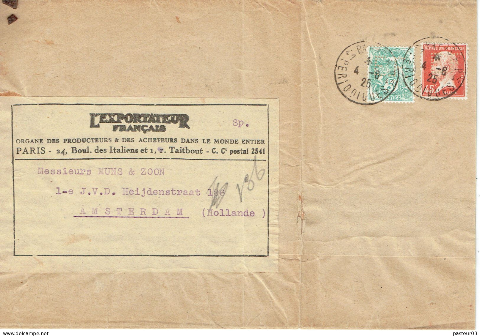 Tarifs Postaux Etranger Du 01-04-1924 (47) Pasteur N° 175 45 C. +  Type Blanc 5 C.  Imprémésc+ De 100 G. Oblitération Pa - 1922-26 Pasteur