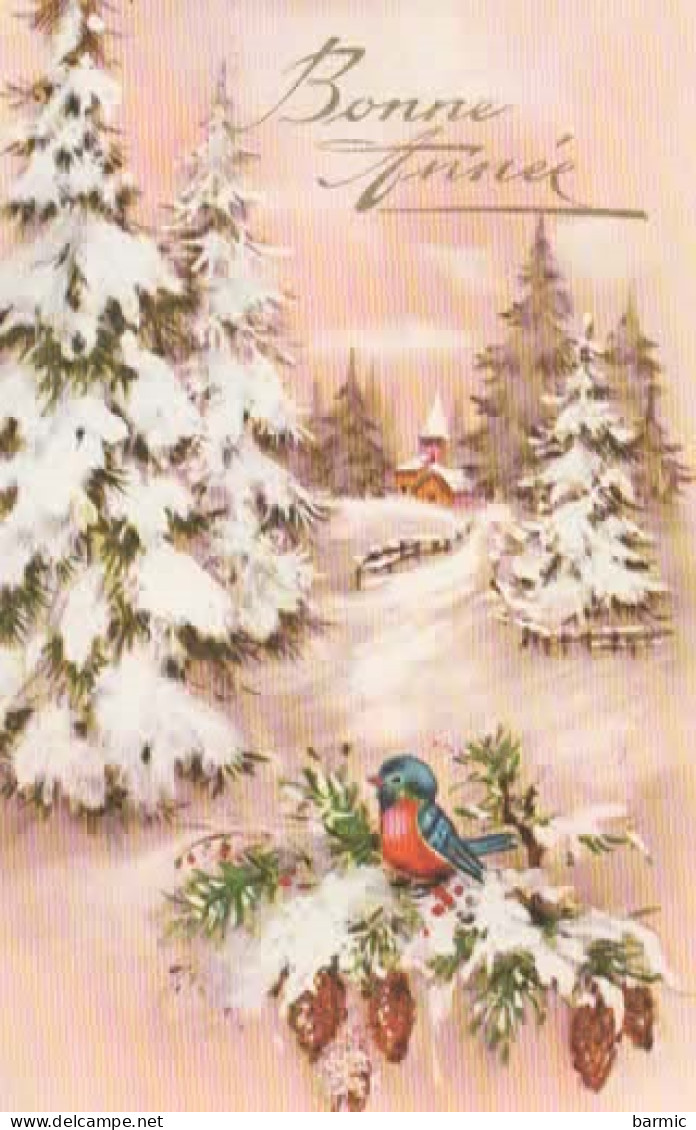 FANTAISIE, NOUVEL AN, PAYSAGE HIVERNAL, POMMES DE PIN, OISEAU  COULEUR  REF 15895 - Nouvel An