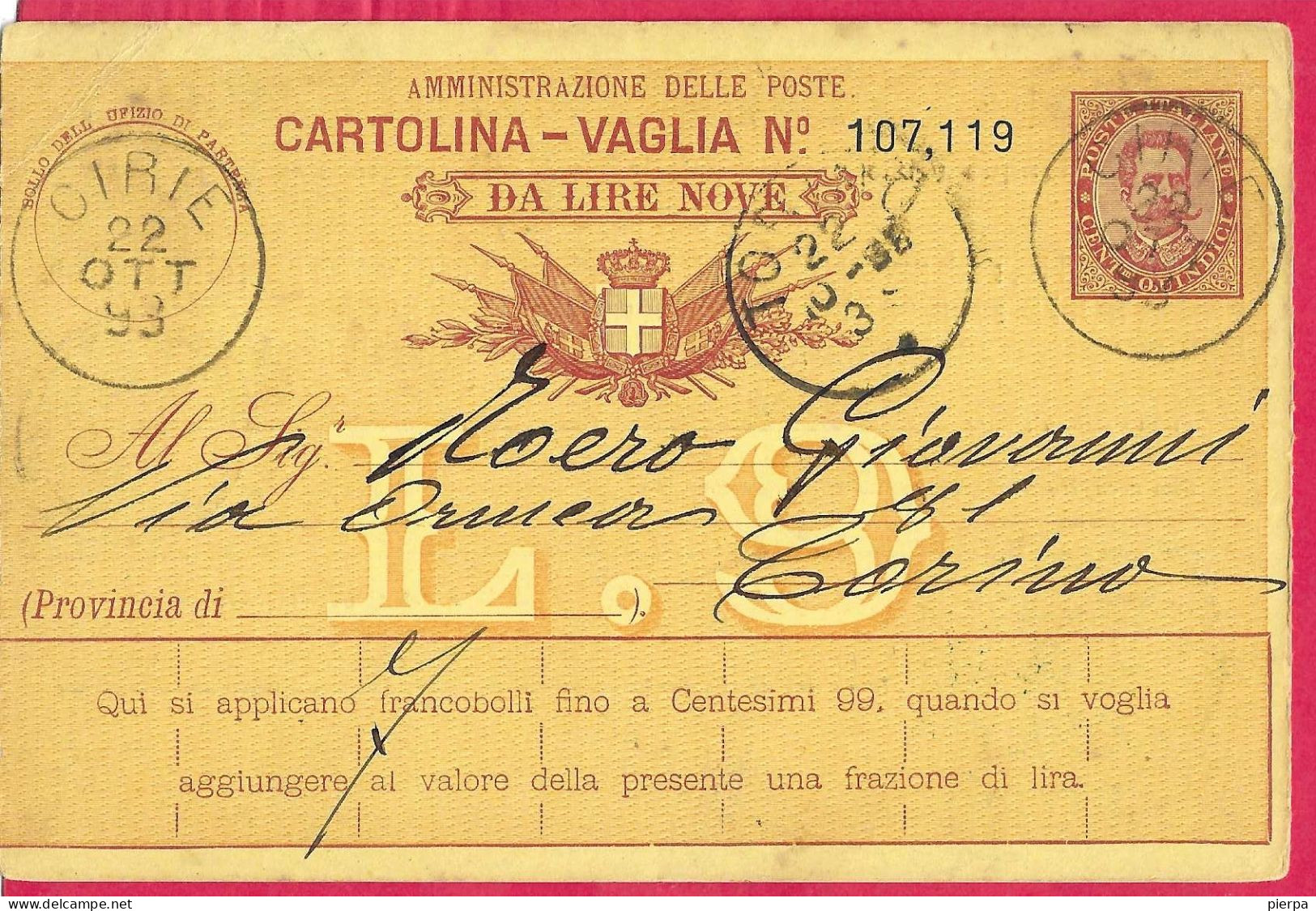 INTERO CARTOLINA-VAGLIA UMBERTO C.15 DA LIRE 9 (CAT. INT.13) - DA CIRIE'*22.OTT.93* PER TORINO - Entiers Postaux