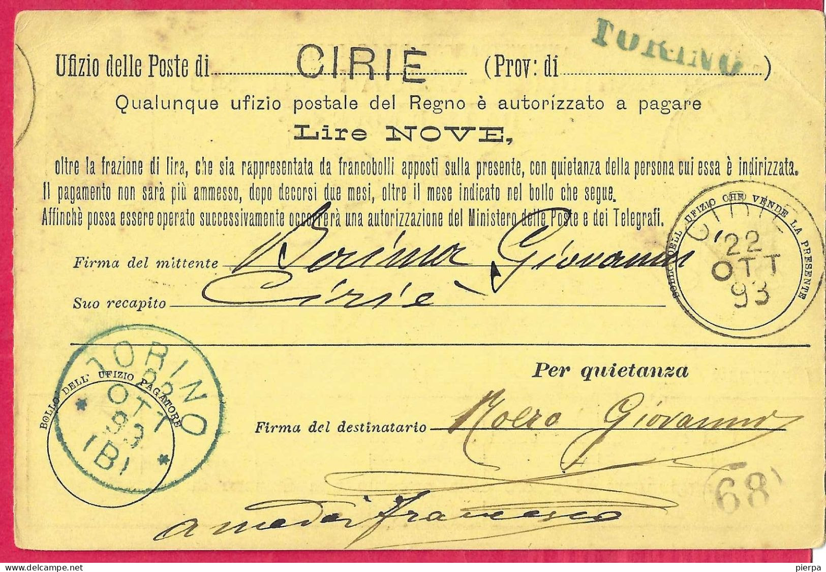 INTERO CARTOLINA-VAGLIA UMBERTO C.15 DA LIRE 9 (CAT. INT.13) - DA CIRIE'*22.OTT.93* PER TORINO - Entiers Postaux