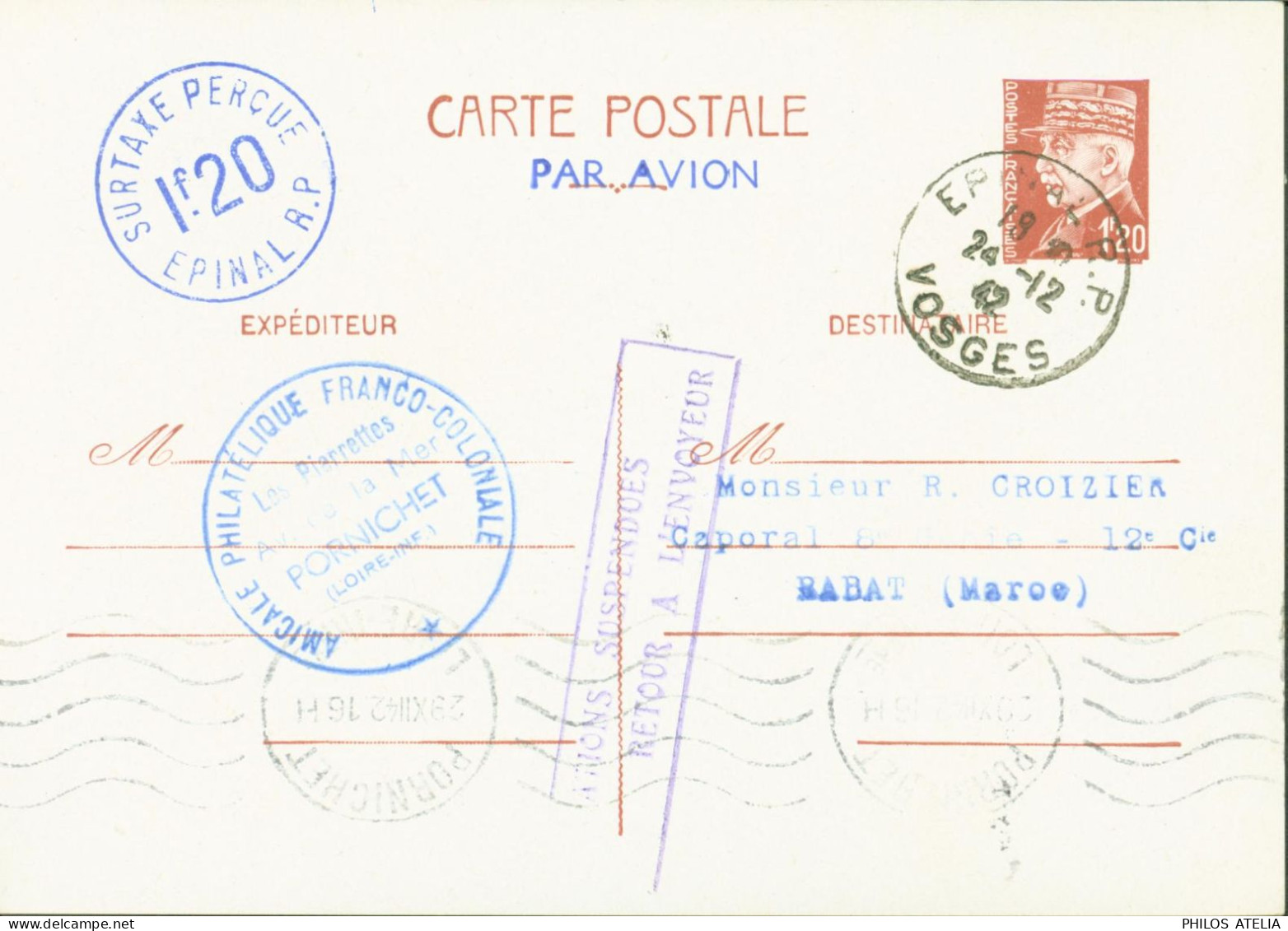 Guerre 40 Epinal Pour Maroc Débarquement Alliés Cachet Relations Postales Suspendues Entier Pétain + Taxe Aérienne - WW II