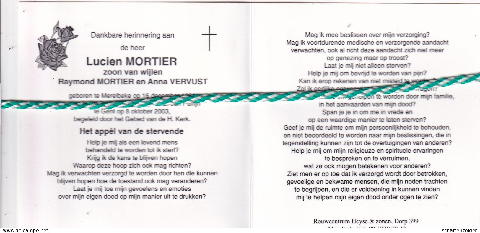 Lucien Mortier-Vervust, Merelbeke 1931, Gent 2003. Foto - Overlijden
