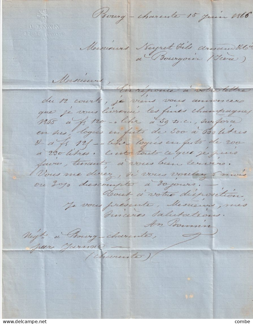 LETTRE. 16 JUIN 1866. N° 22. JARNAC. CHARENTE. GC 1862. BOITE RURALE M = BOURG-CHARENTE. POUR BOURGOIN - 1849-1876: Klassik