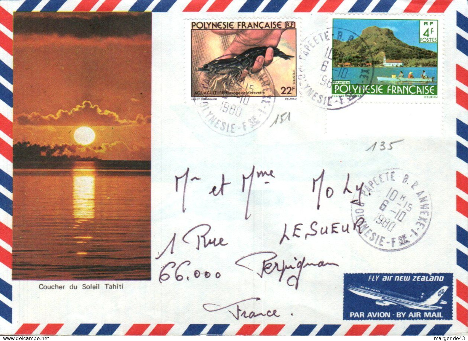 POLYNESIE AFFRANCHISSEMENT COMPOSE SUR LETTRE POUR LA FRANCE 1980 - Lettres & Documents