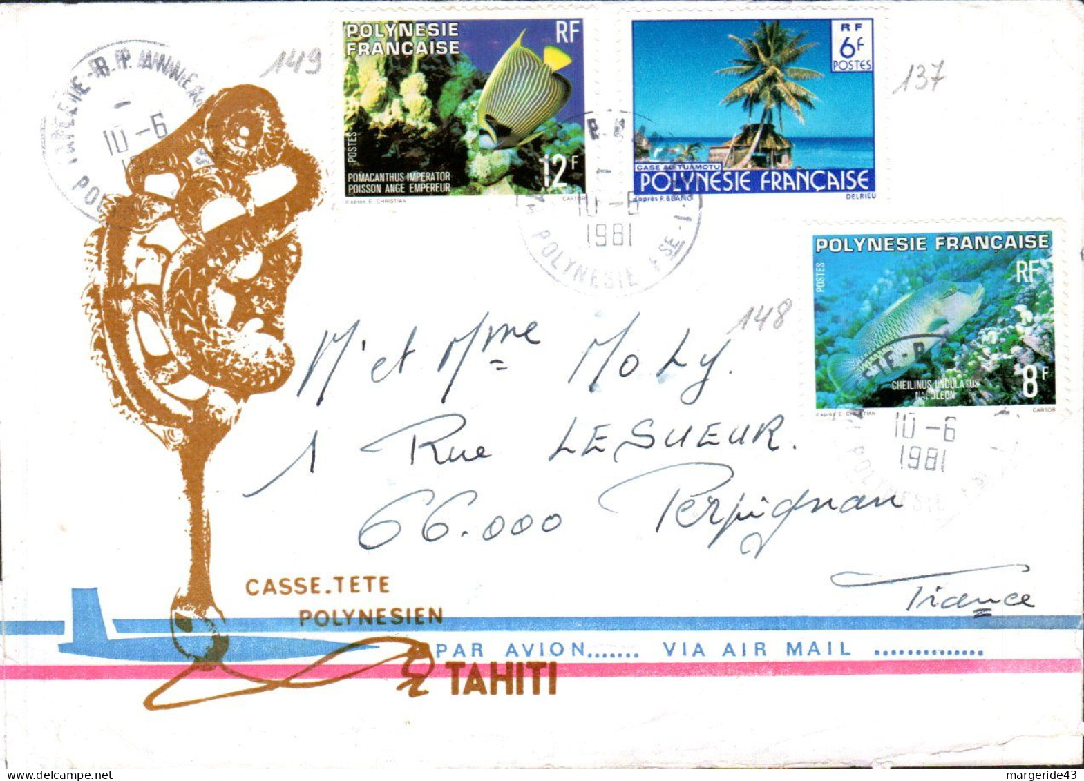 POLYNESIE AFFRANCHISSEMENT COMPOSE SUR LETTRE POUR LA FRANCE 1981 - Brieven En Documenten