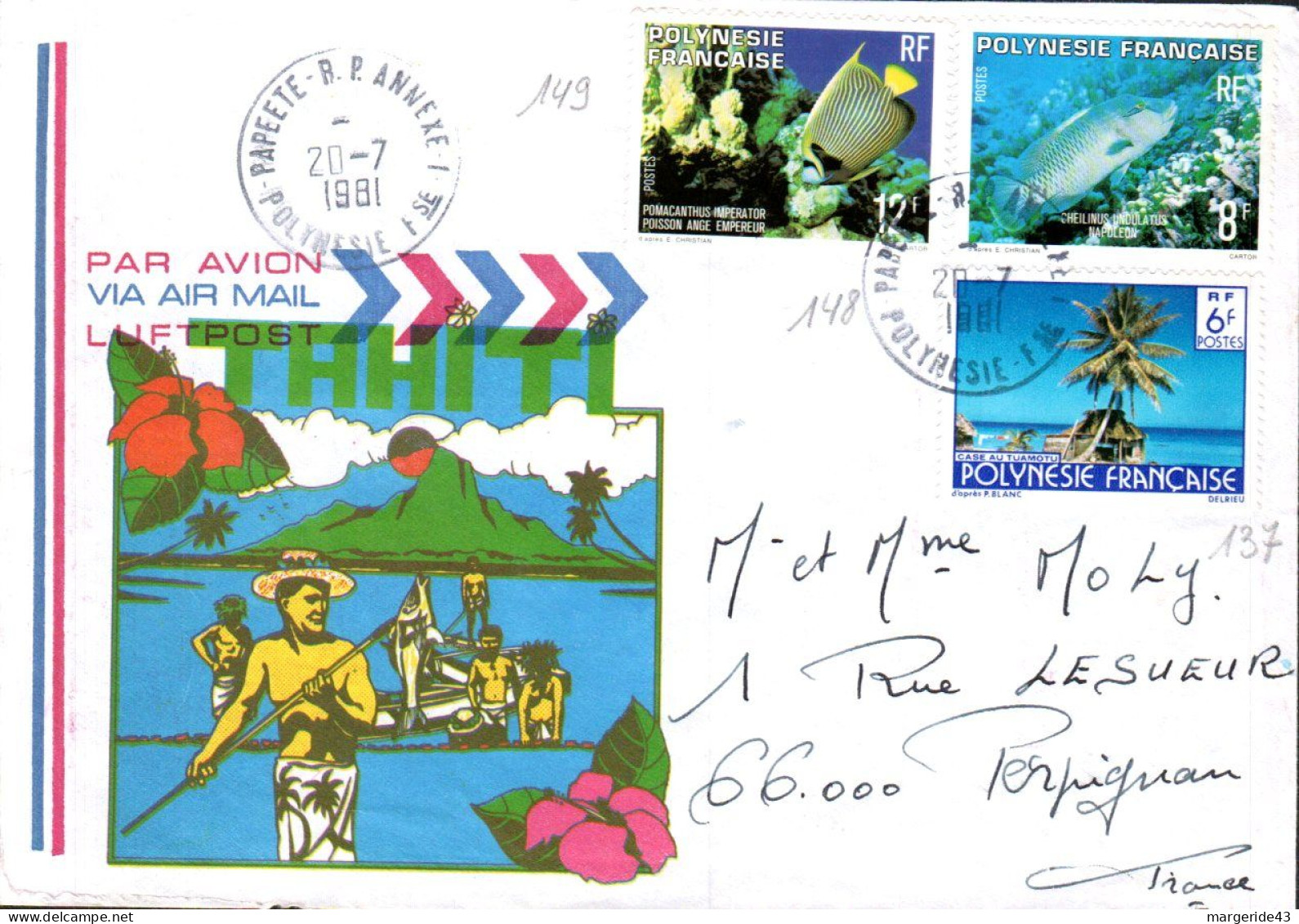 POLYNESIE AFFRANCHISSEMENT COMPOSE SUR LETTRE POUR LA FRANCE 1981 - Brieven En Documenten