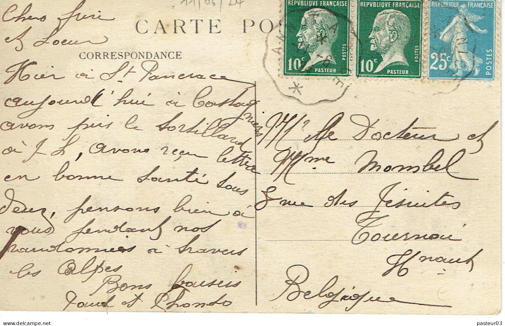Tarifs Postaux Etranger Du 01-04-1924 (50) Pasteur N° 170 10 C. X 2 + Semeuse 25 C. C.P. Etranger 11-06-1924 - 1922-26 Pasteur