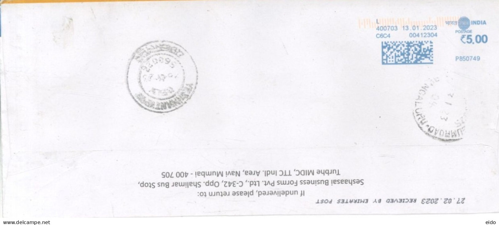 INDIA - 2023 - POSTAL FRANKING MACHINE COVERS QTY : 2, TO DUBAI . - Lettres & Documents