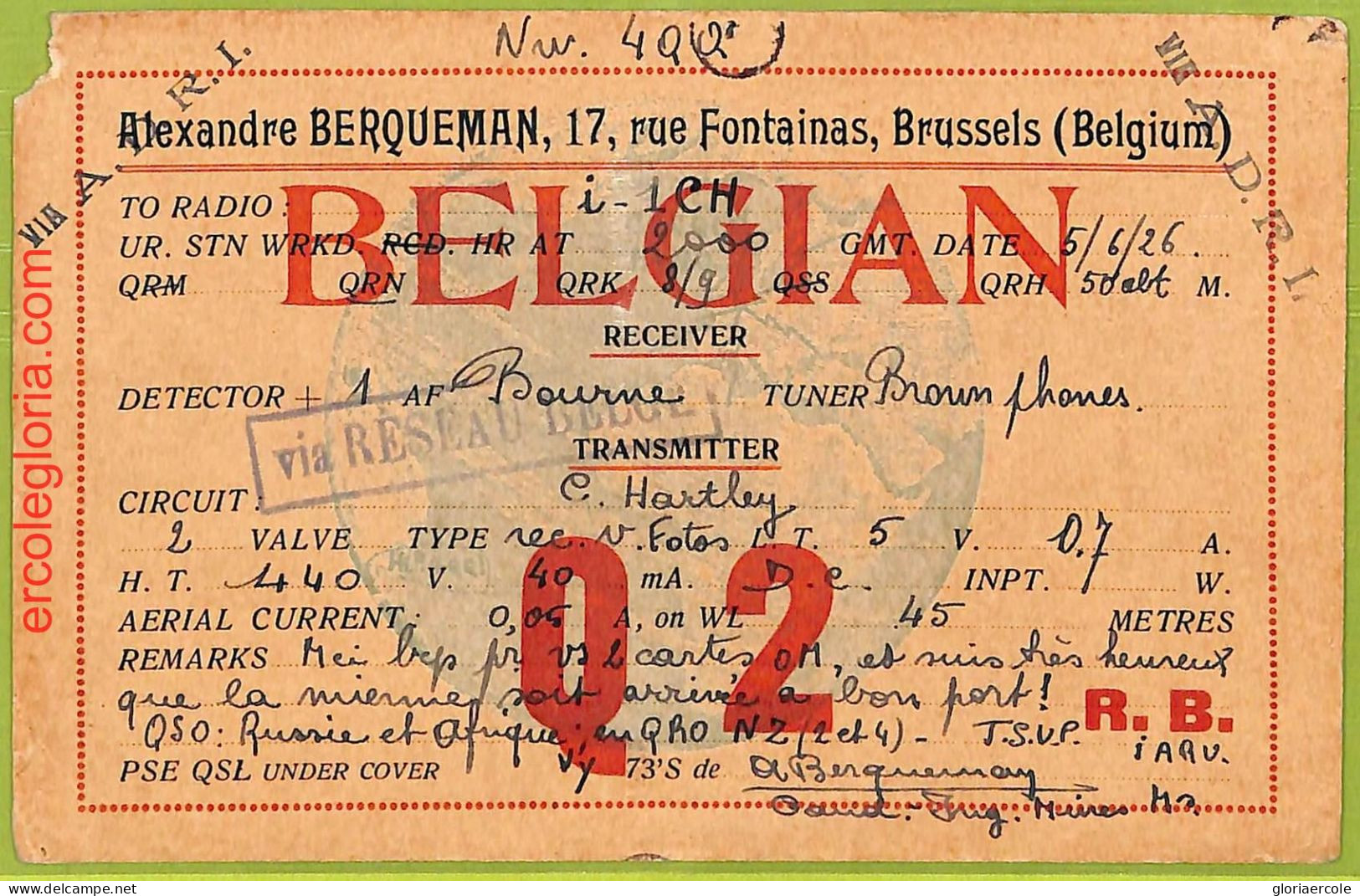 Af5214 - BELGIUM Belgique - RADIO CARD - Bruxelles - 1926 - Radio