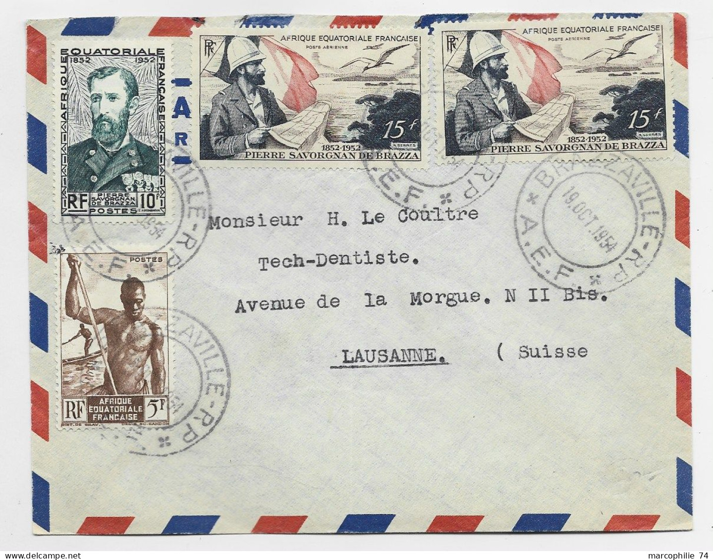 AEF 10FR+5FR+ PA 15FRX2 LETTRE COVER BRAZZAVILLE 19 OCT 1954 POUR SUISSE - Covers & Documents