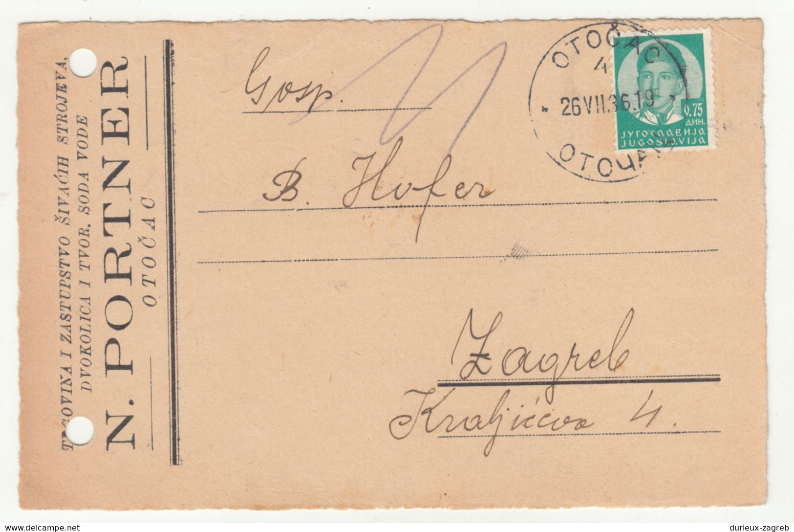 N. Portner, Otočac Company Postcard Posted 1936 B240401 - Croatie