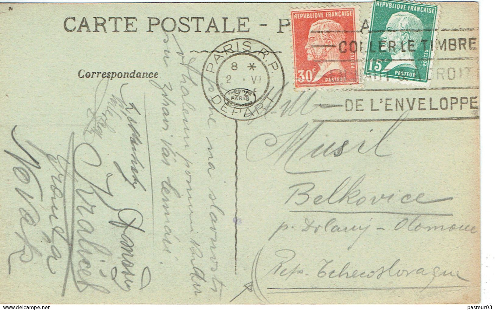 Tarifs Postaux Etranger Du 01-04-1924 (54) Pasteur N° 171 15 C.+ Pasteur N° 173 30 C . C.P. Etranger Pour La Tchécoslova - 1922-26 Pasteur