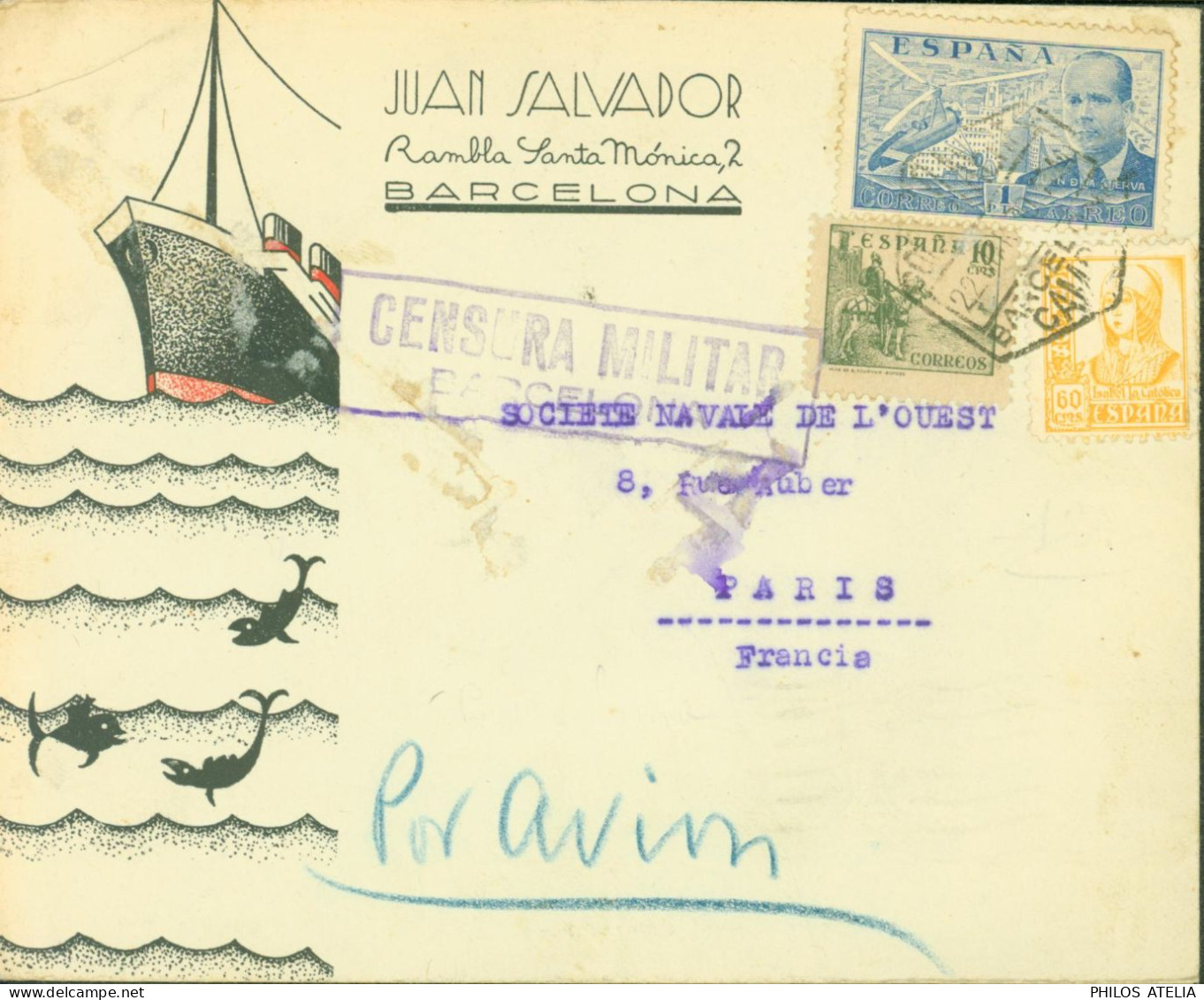 Guerre D'Espagne Enveloppe Illustrée Publicitaire Bateau Juan Salvador Barcelona Cachet Censura Militar Barcelona - Brieven En Documenten