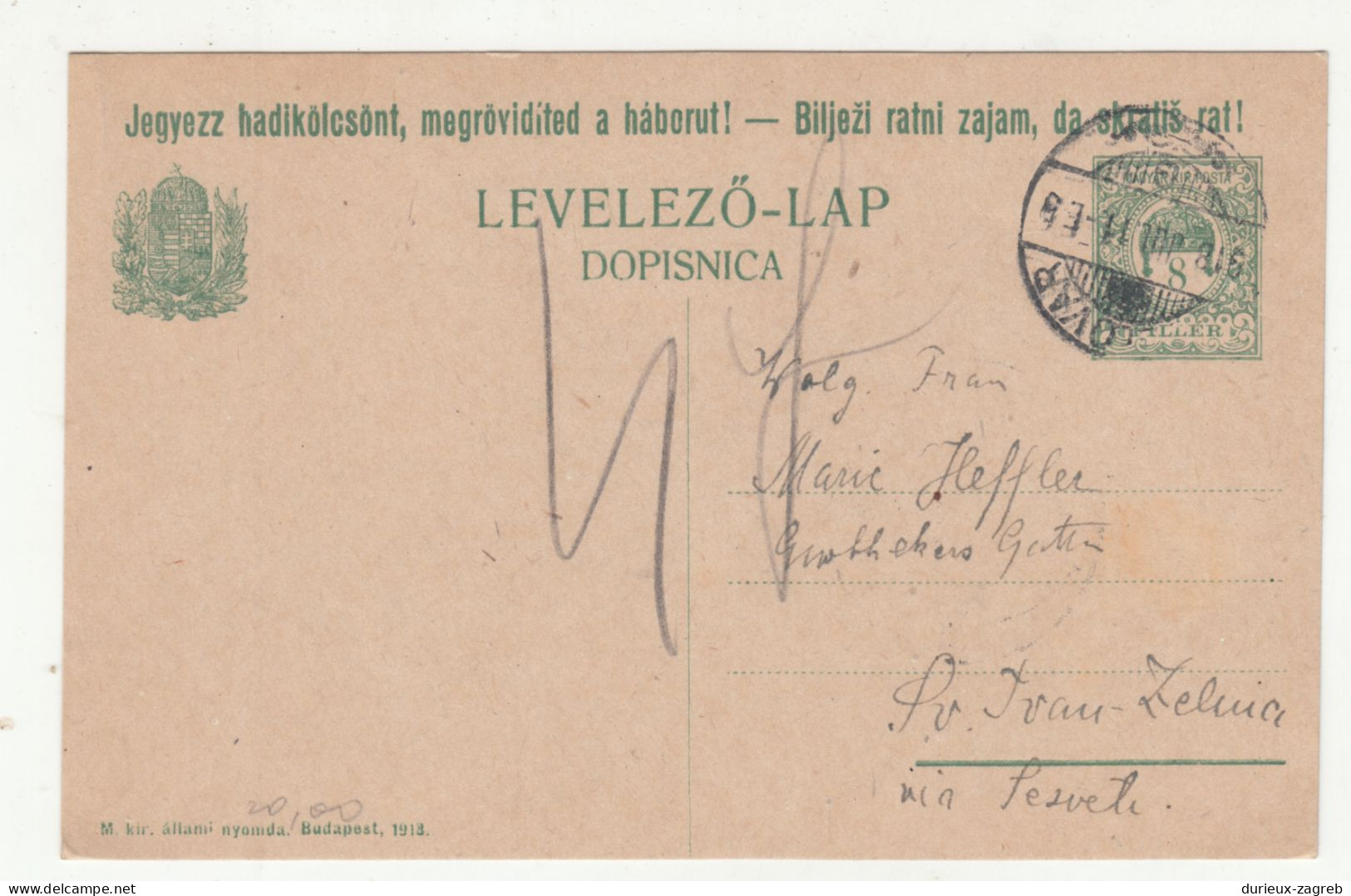 Hungary Croatia, Postal Stationery Postcard Levelező-lap Dopisnica Posted 1918 Bjelovar Pmk B240401 - Kroatien