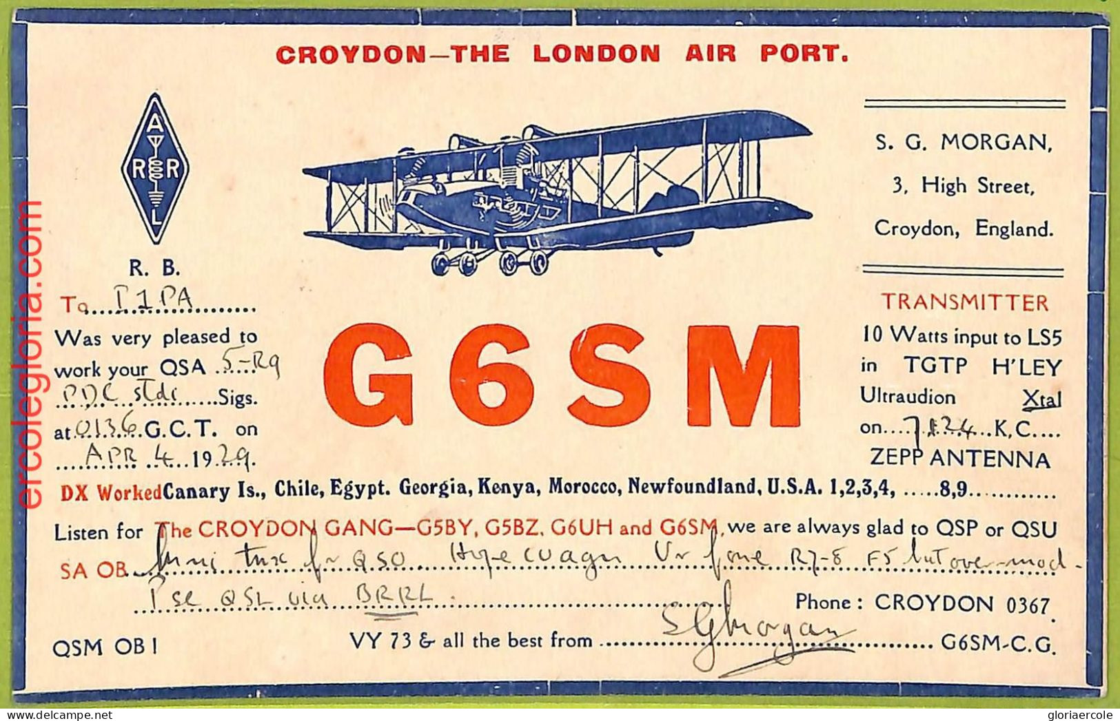 Af5216 - GREAT BRITAIN - RADIO CARD - LONDON, CROYDON - 1929 - Radio
