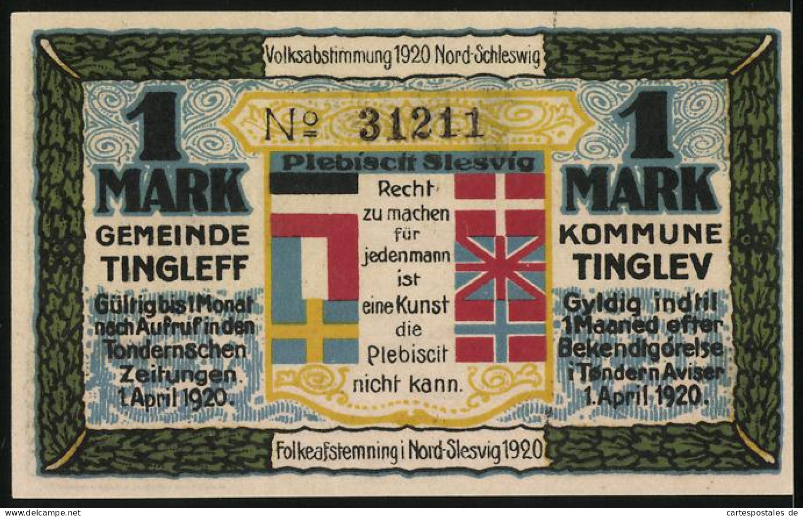 Notgeld Tingleff 1920, 1 Mark, Deutsche Fordern Die Tiedje-Linie  - Denemarken
